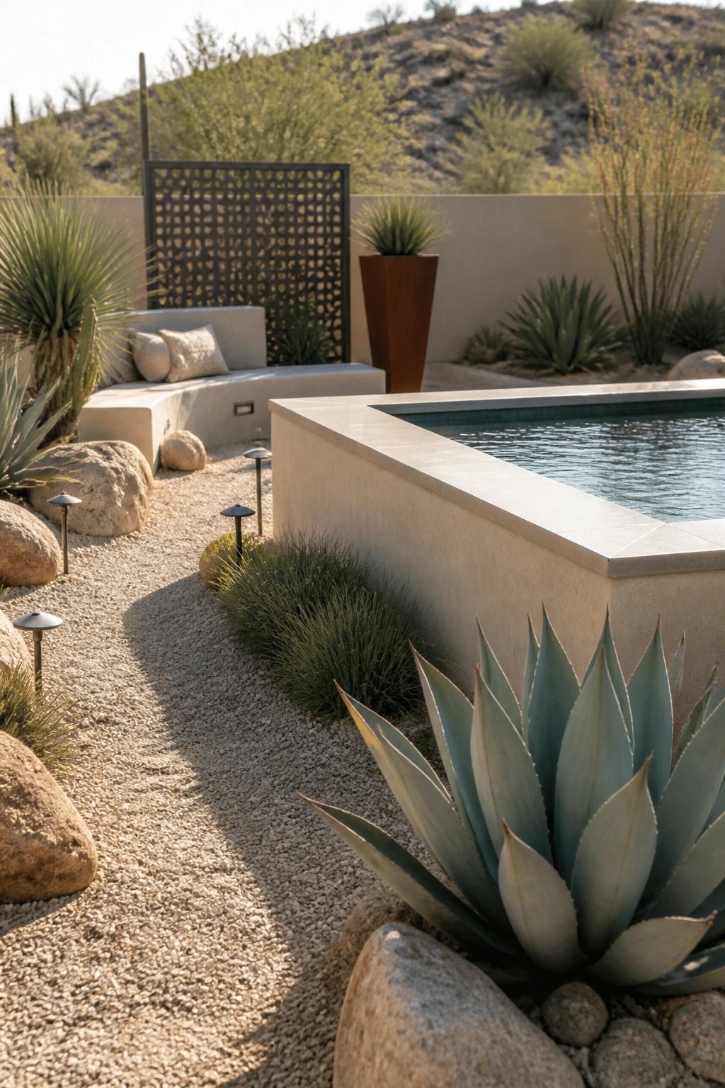 A modern rectangular above-ground pool with thick concrete coping sits in a gravel yard bordered by large rocks and agave plants.