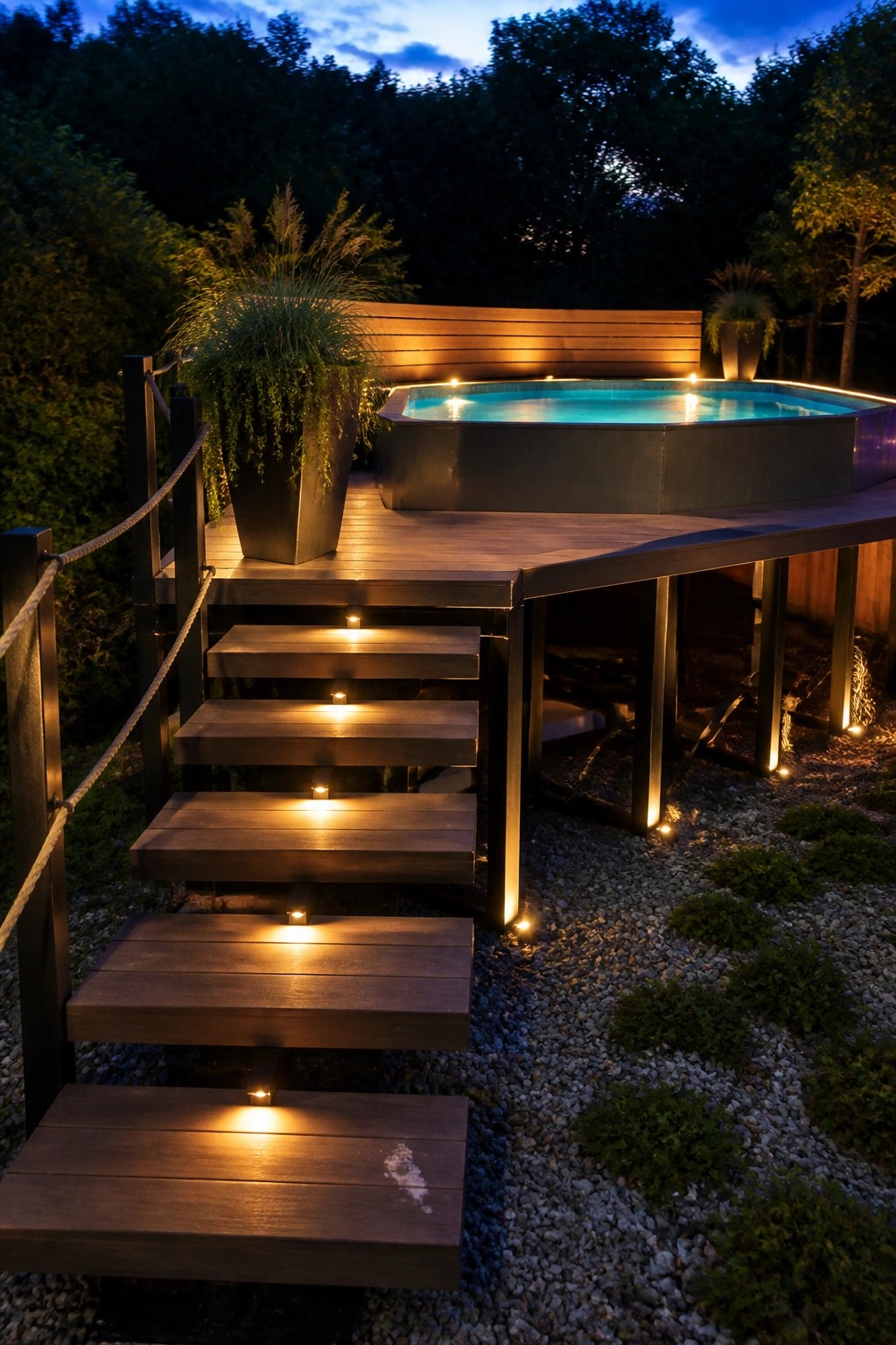 An above-ground pool set into a wooden deck with steps lit by small lights leading up from a gravel garden at dusk.
