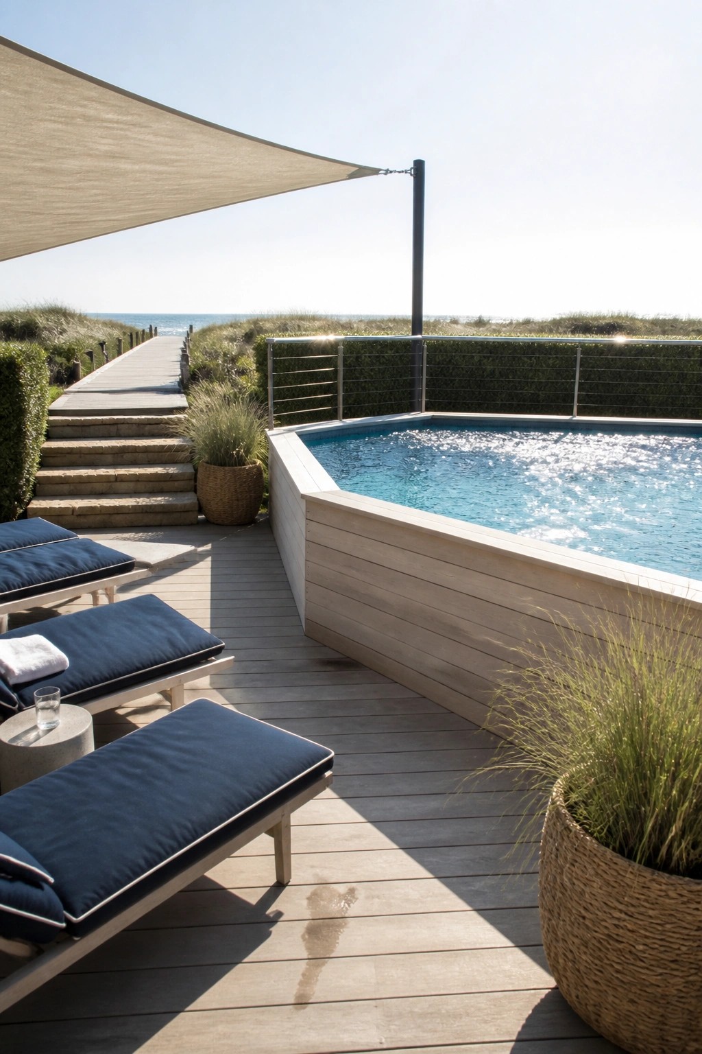 An above-ground pool with light wood paneling is set into a gray wooden deck beside navy lounge chairs and a beige shade sail, with the ocean visible beyond.