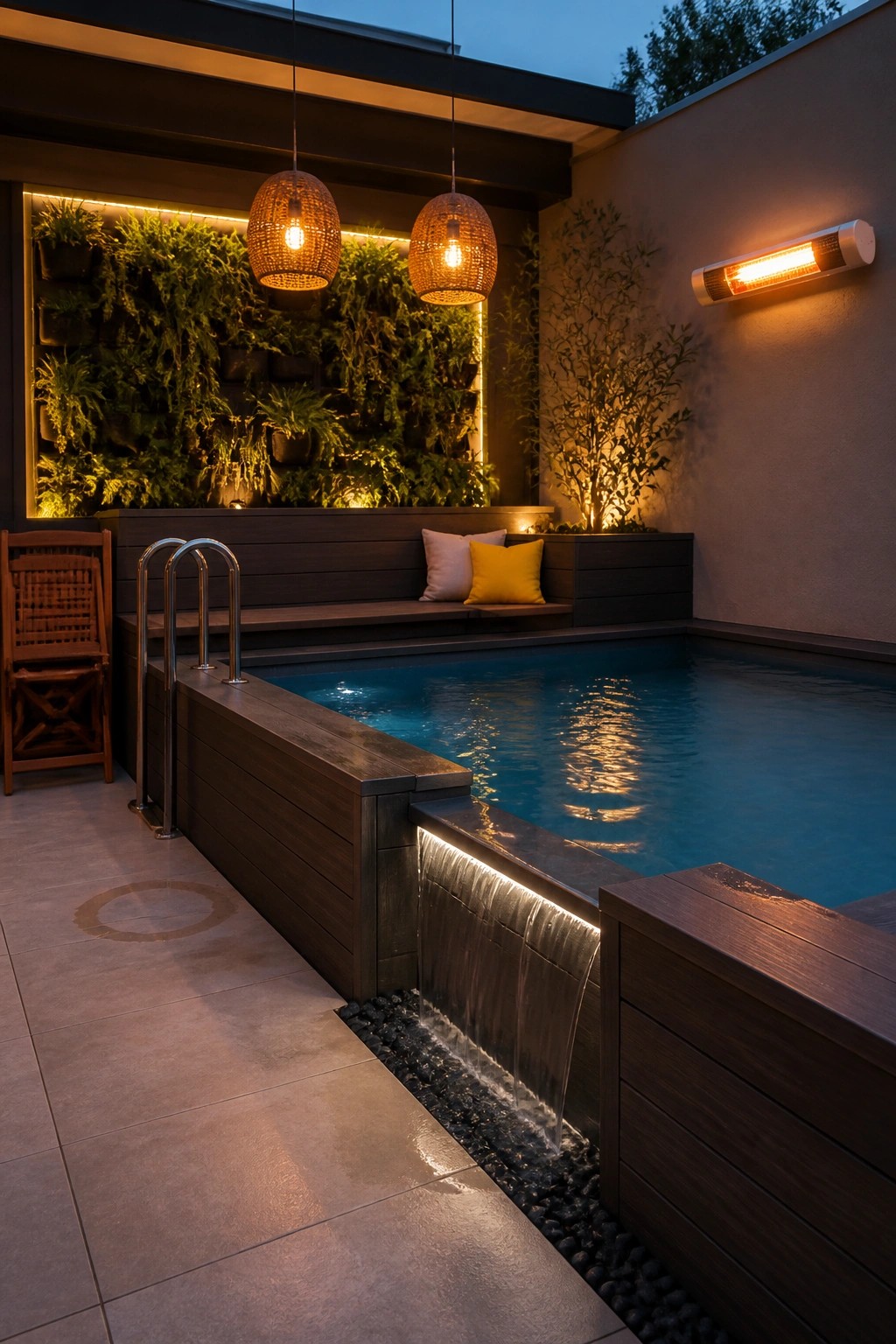 An above-ground pool with dark wood decking, built-in bench seating with cushions, hanging woven pendant lights, a vertical garden wall, and a small waterfall feature at dusk.
