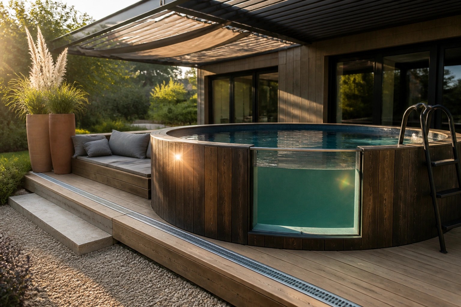 17 Smart Modern Above Ground Pool Ideas for Contemporary Homes Circular pool with glass wall on wooden deck beside modern house at sunset