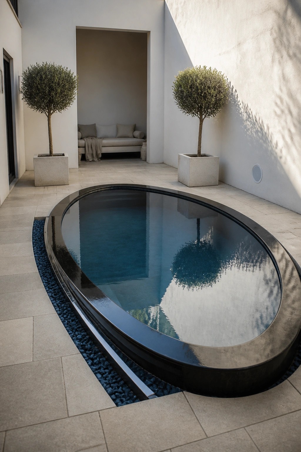 Modern courtyard with oval reflecting pool, potted trees, and recessed bench seating.