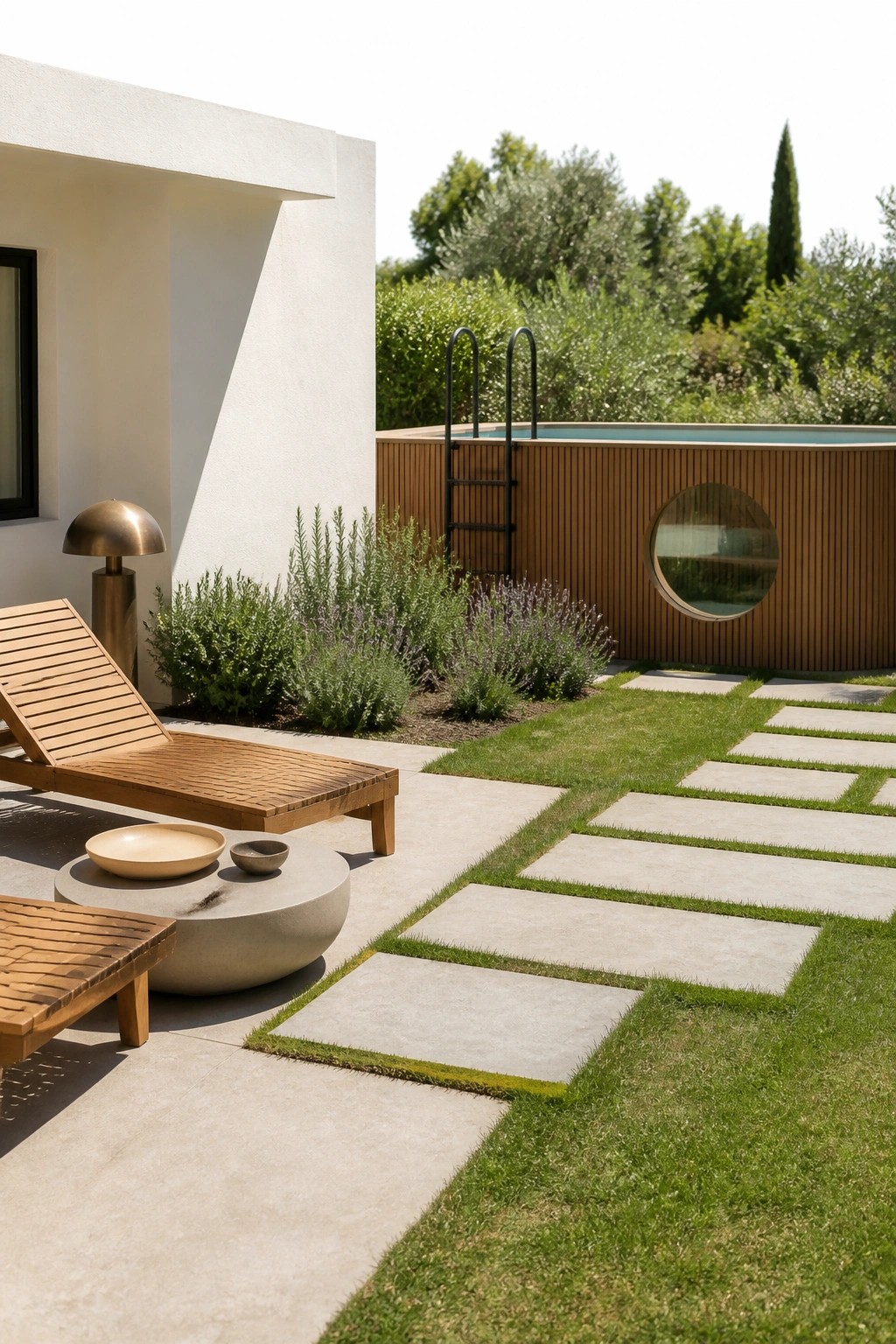 Modern patio with wooden lounge chair, round table, pool, and stone path.