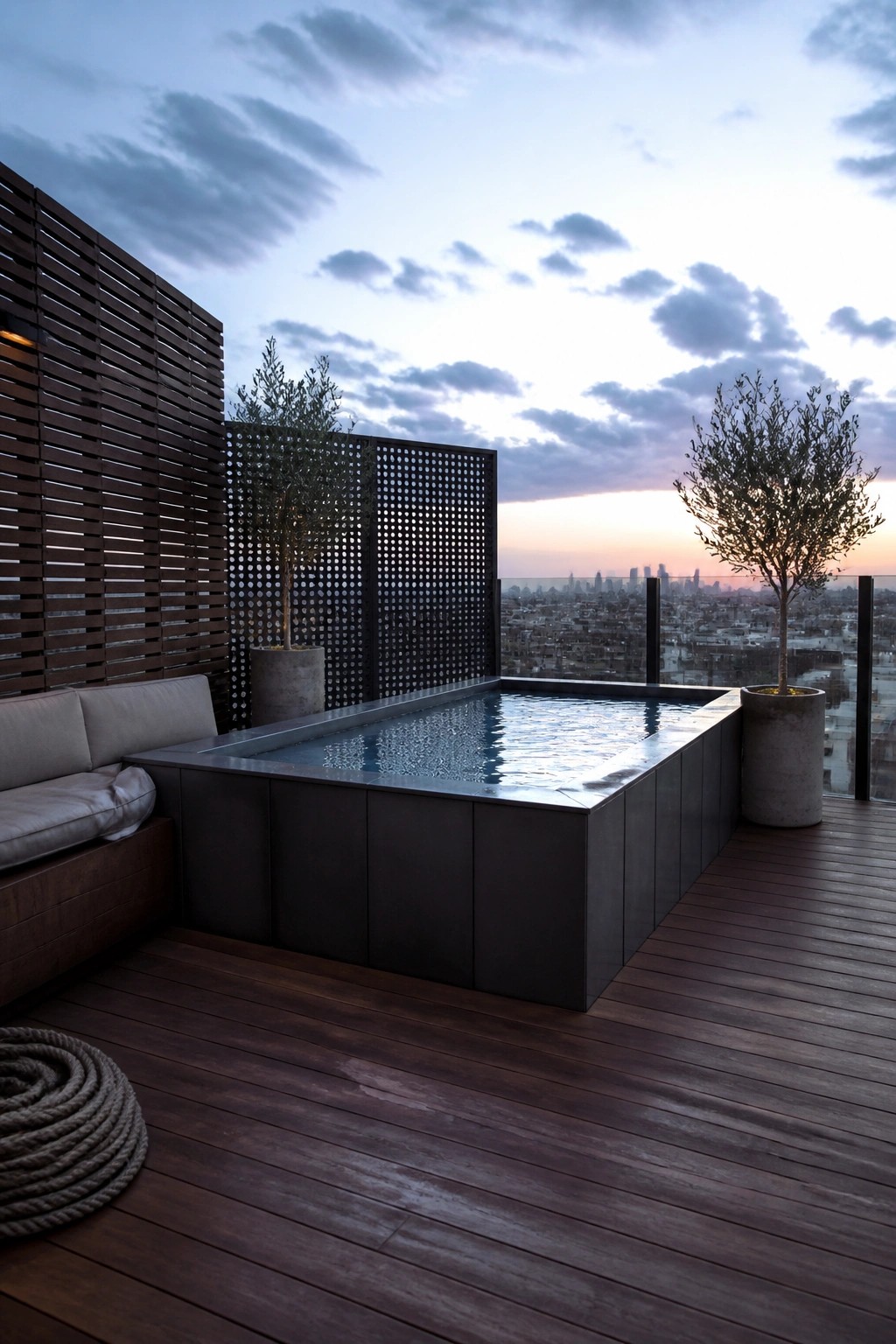 Rooftop plunge pool on dark wooden deck with potted trees and city view at dusk