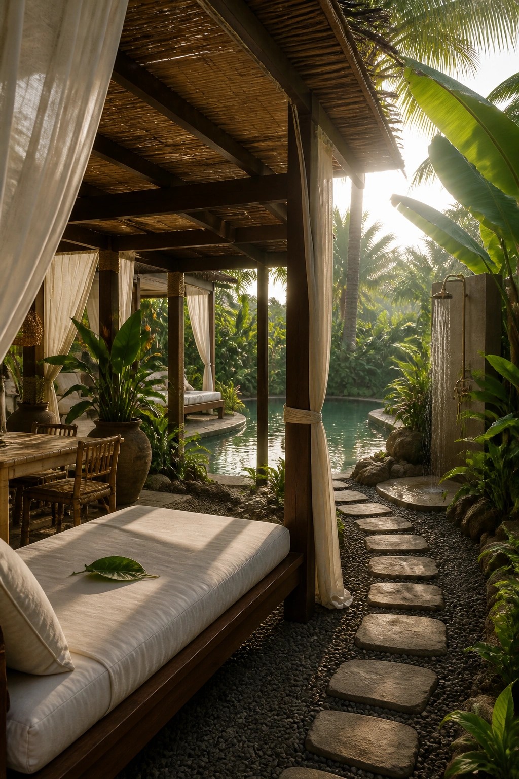 A wooden pergola with white curtains stands beside a swimming pool, with a cushioned daybed in the foreground and a stone path leading to an outdoor shower.