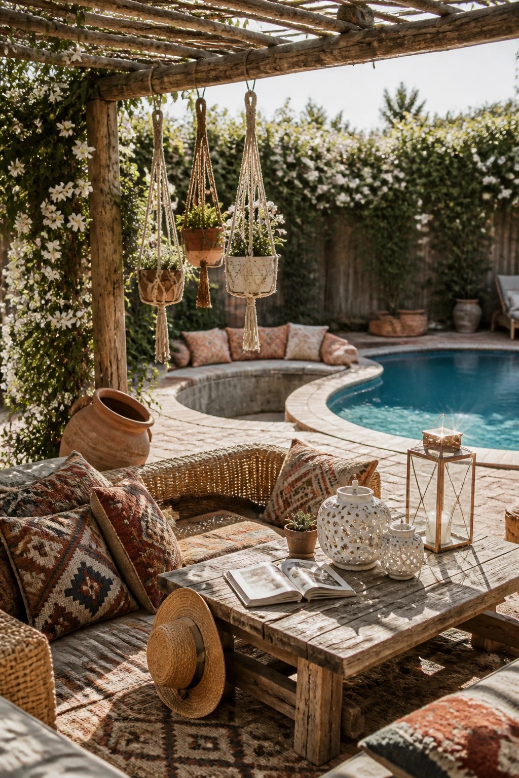 A rustic wooden pergola with hanging macrame planters above a cushioned seating area beside a curved swimming pool.