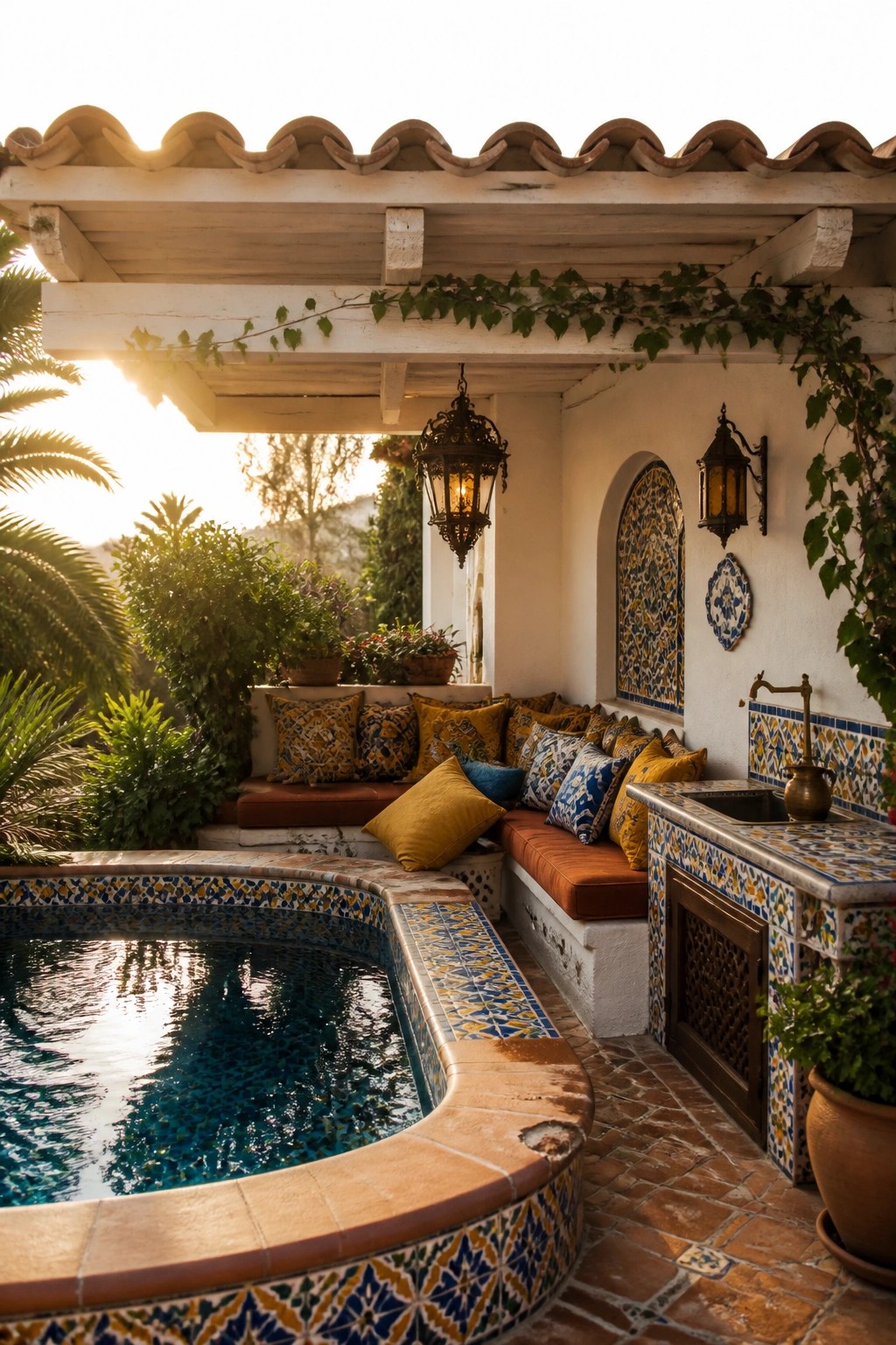 A curved pool with decorative tile borders sits beside an L-shaped built-in bench with orange cushions and patterned pillows under a wooden pergola, next to a tiled outdoor sink area.