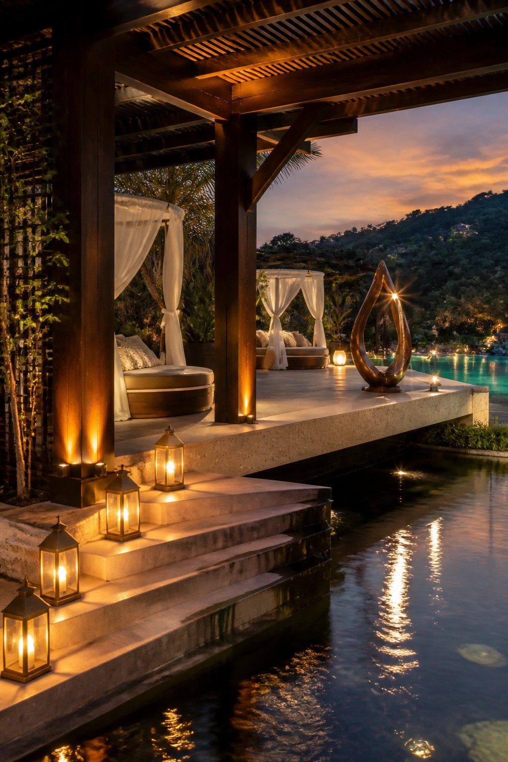 Luxurious wooden deck with canopy beds, lanterns, bronze sculpture by glowing pool at sunset.
