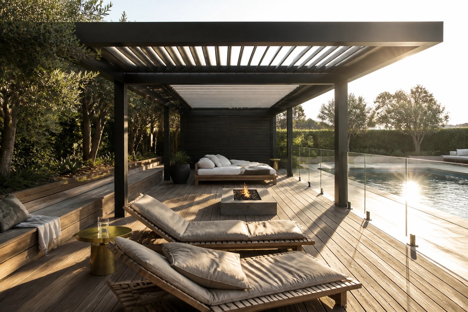 Modern dark pergola over a wooden deck with lounge chairs, fire pit, and side tables next to a pool with glass railings.
