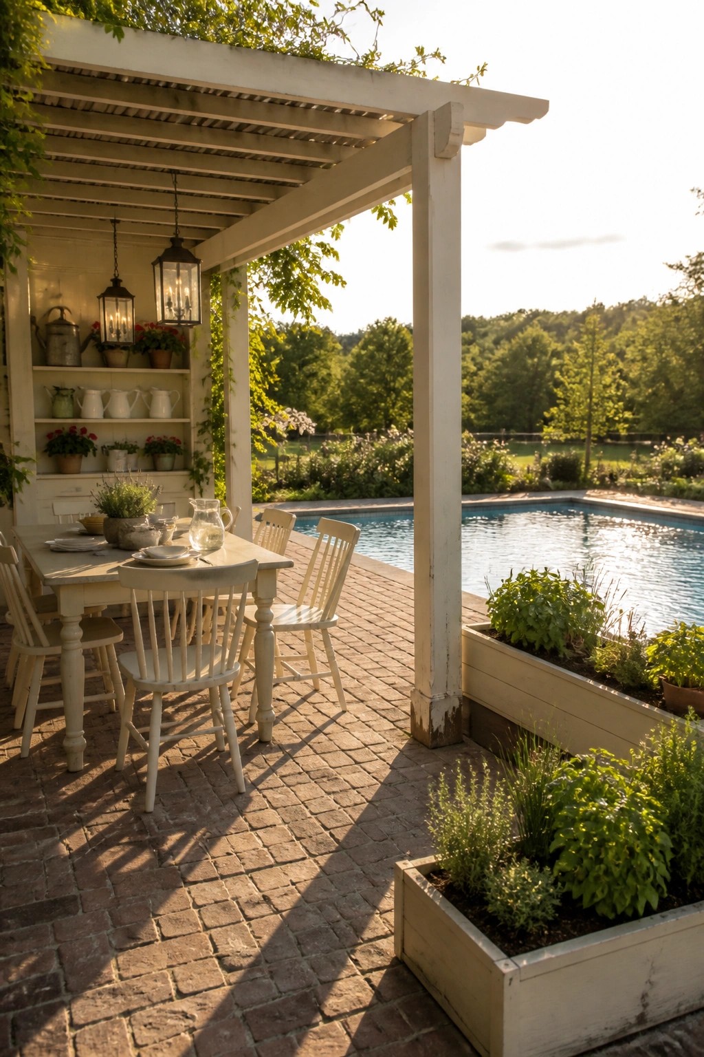 A white wooden pergola covers a dining table and chairs on a brick patio next to a swimming pool, with raised planter boxes along the edge.