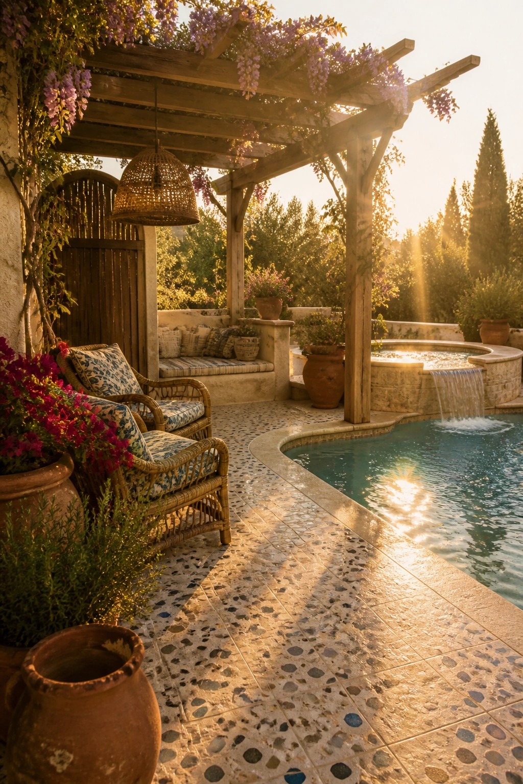 Wicker chairs on mosaic patio beside pool with wooden pergola and wisteria at sunset