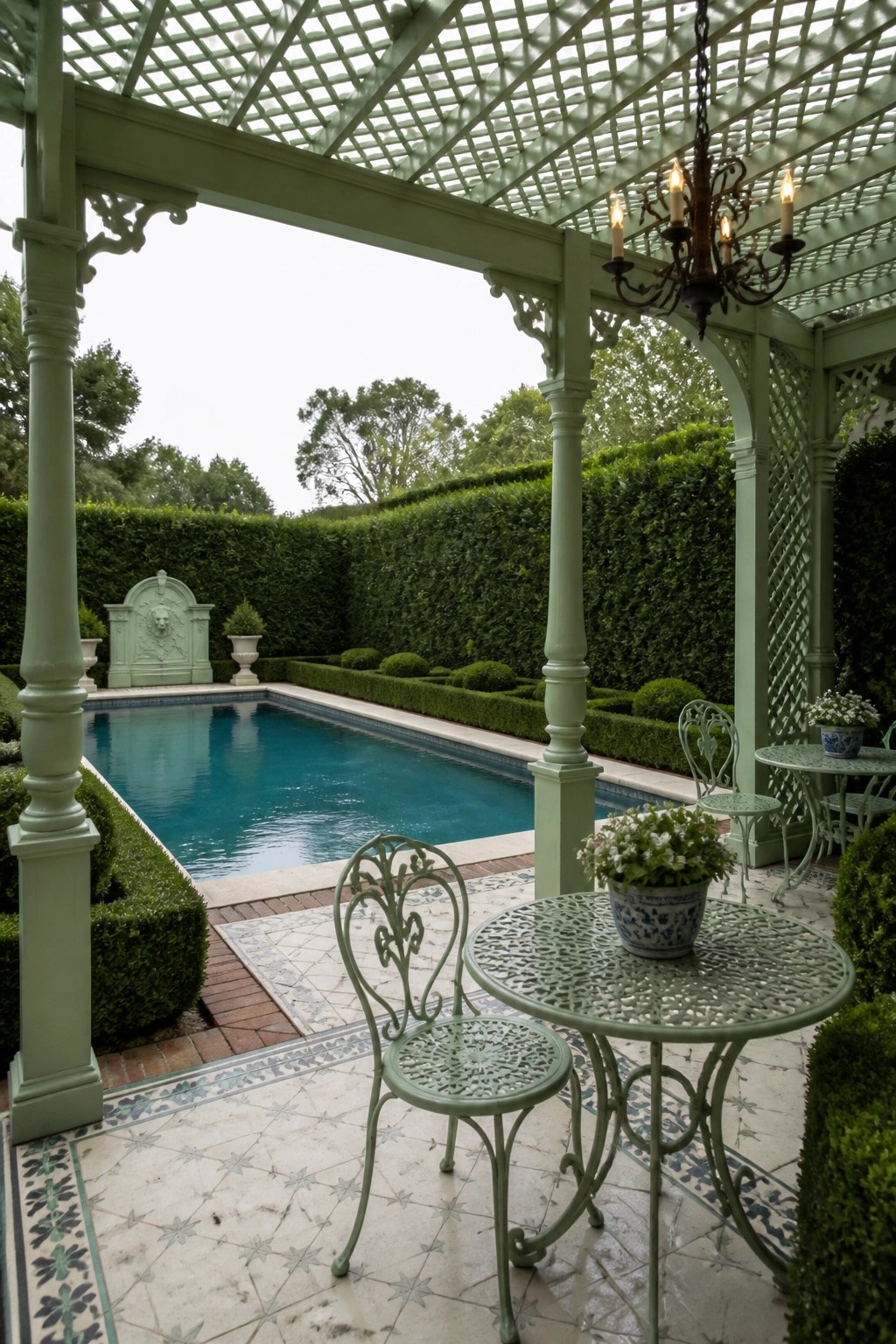 A light green pergola with a lattice roof and hanging chandelier covers a tiled seating area beside a rectangular swimming pool bordered by tall hedges.