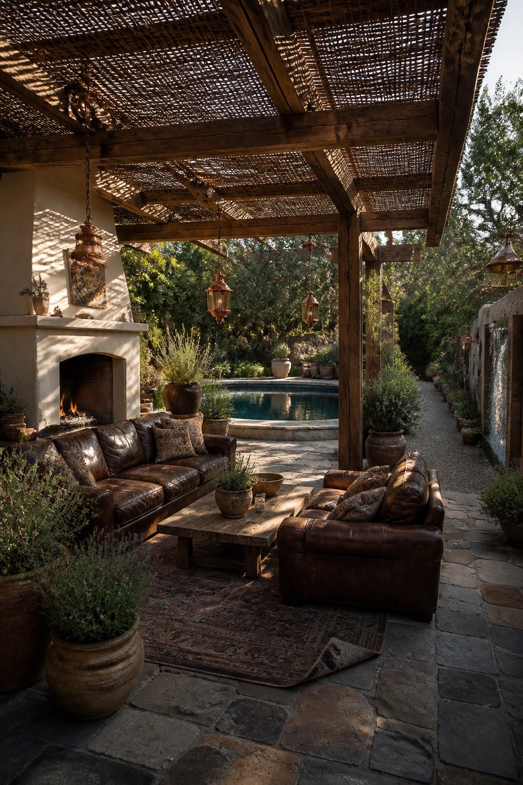An outdoor patio under a wooden pergola with woven overhead cover, brown leather sofas on a rug, a wooden coffee table, a swimming pool in the background, and a stone fireplace on the left.