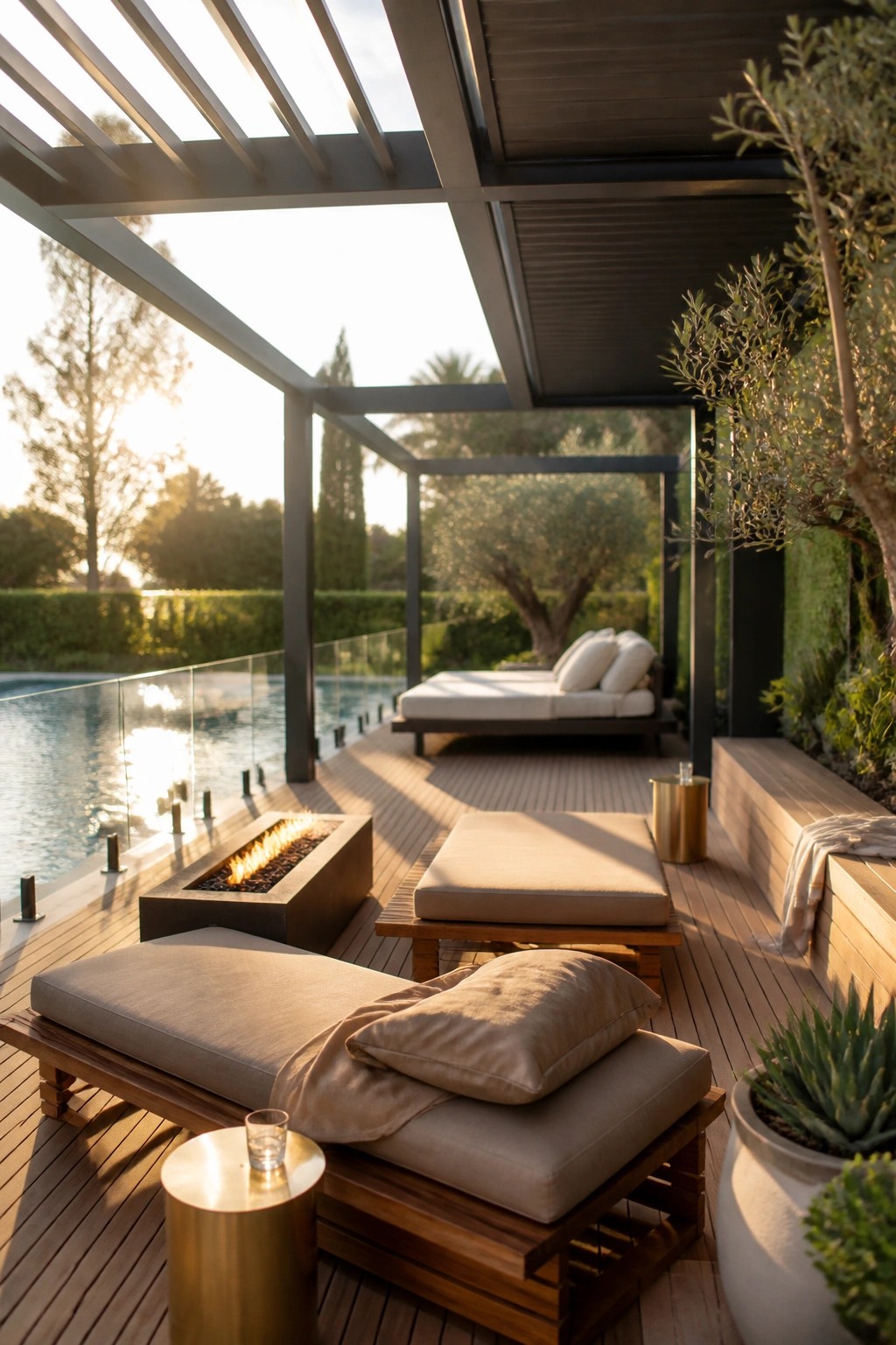 Modern dark pergola over a wooden deck with lounge chairs, fire pit, and side tables next to a pool with glass railings.