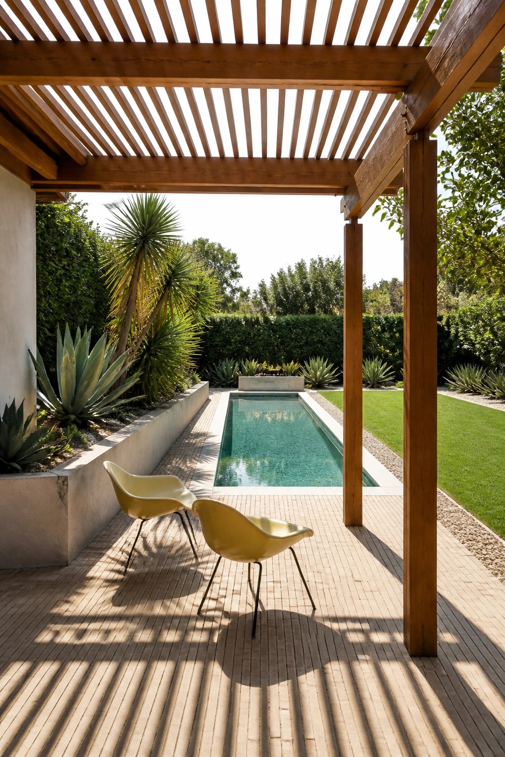 A wooden pergola with horizontal slats shades a brick patio holding two yellow chairs next to a long rectangular pool in a garden setting.