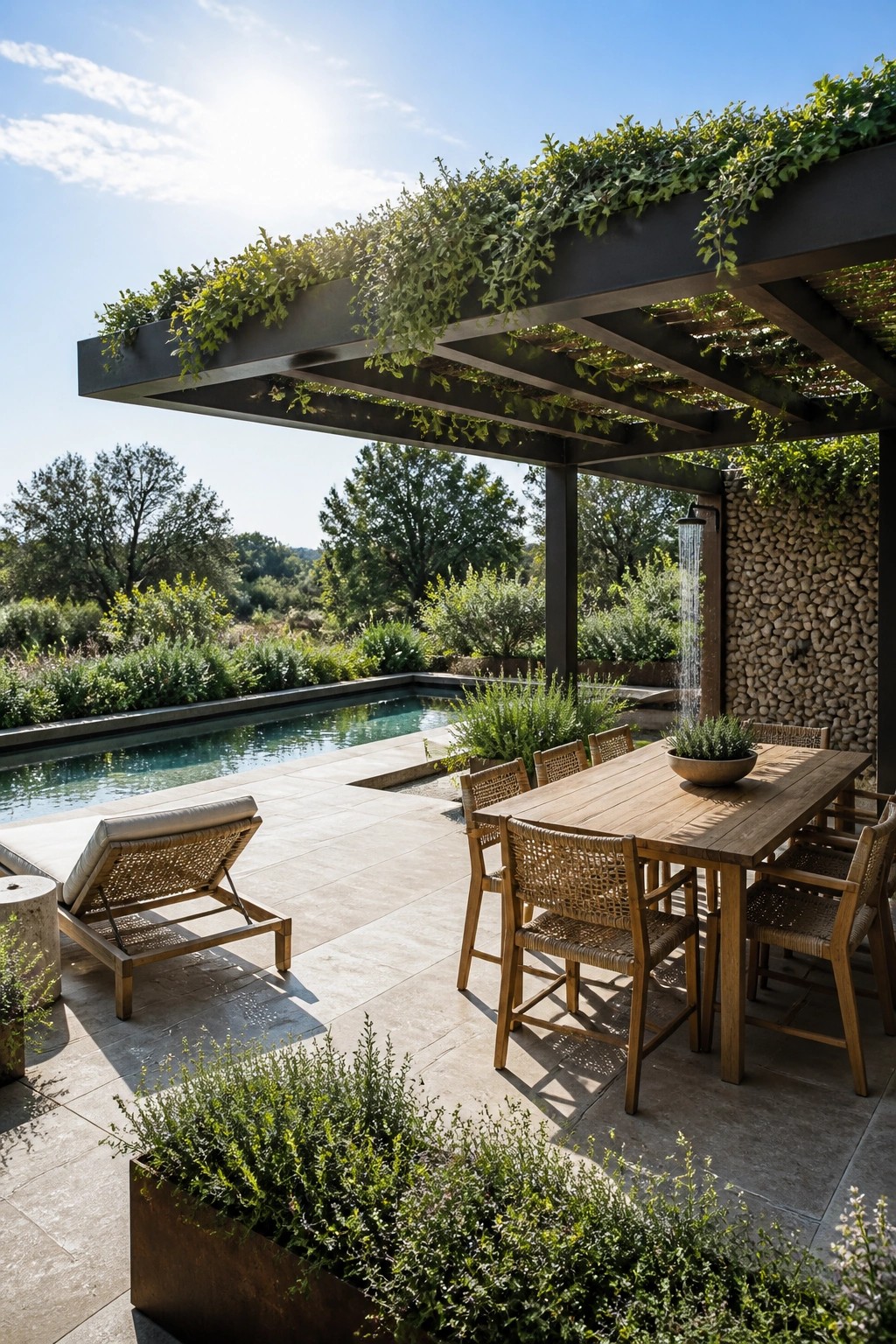 A wooden dining table and chairs sit under a dark metal pergola covered in green vines on a stone patio next to a swimming pool, with a lounge chair and outdoor shower nearby.