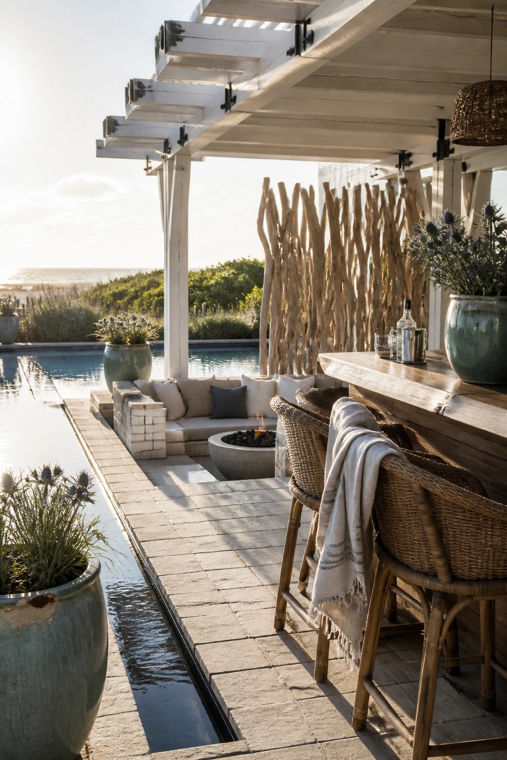 Patio bar with woven stools beside infinity pool facing ocean at sunset