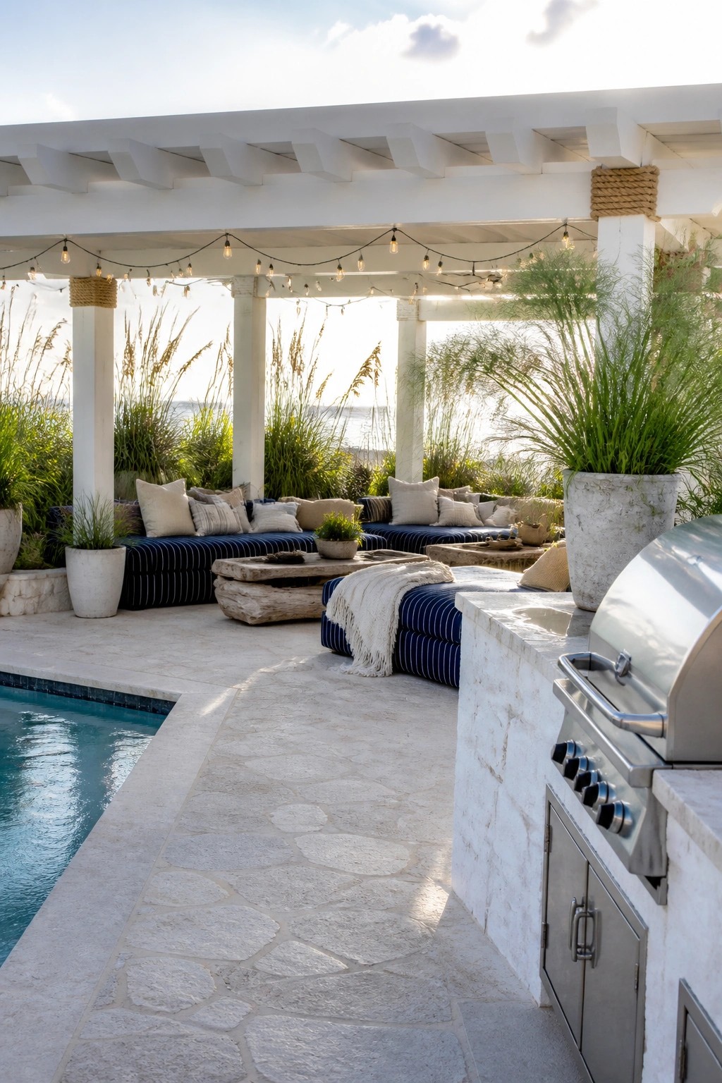 A white pergola with string lights covers a stone patio with blue striped sectional seating beside a swimming pool and an outdoor kitchen with stainless steel grill.