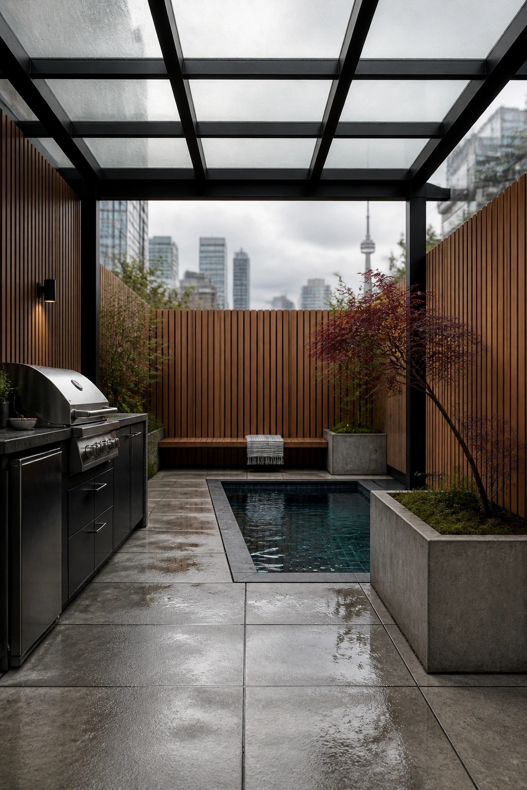 A modern outdoor patio with a glass-roofed pergola over a small pool, an outdoor kitchen on the left, and a city skyline in the background.