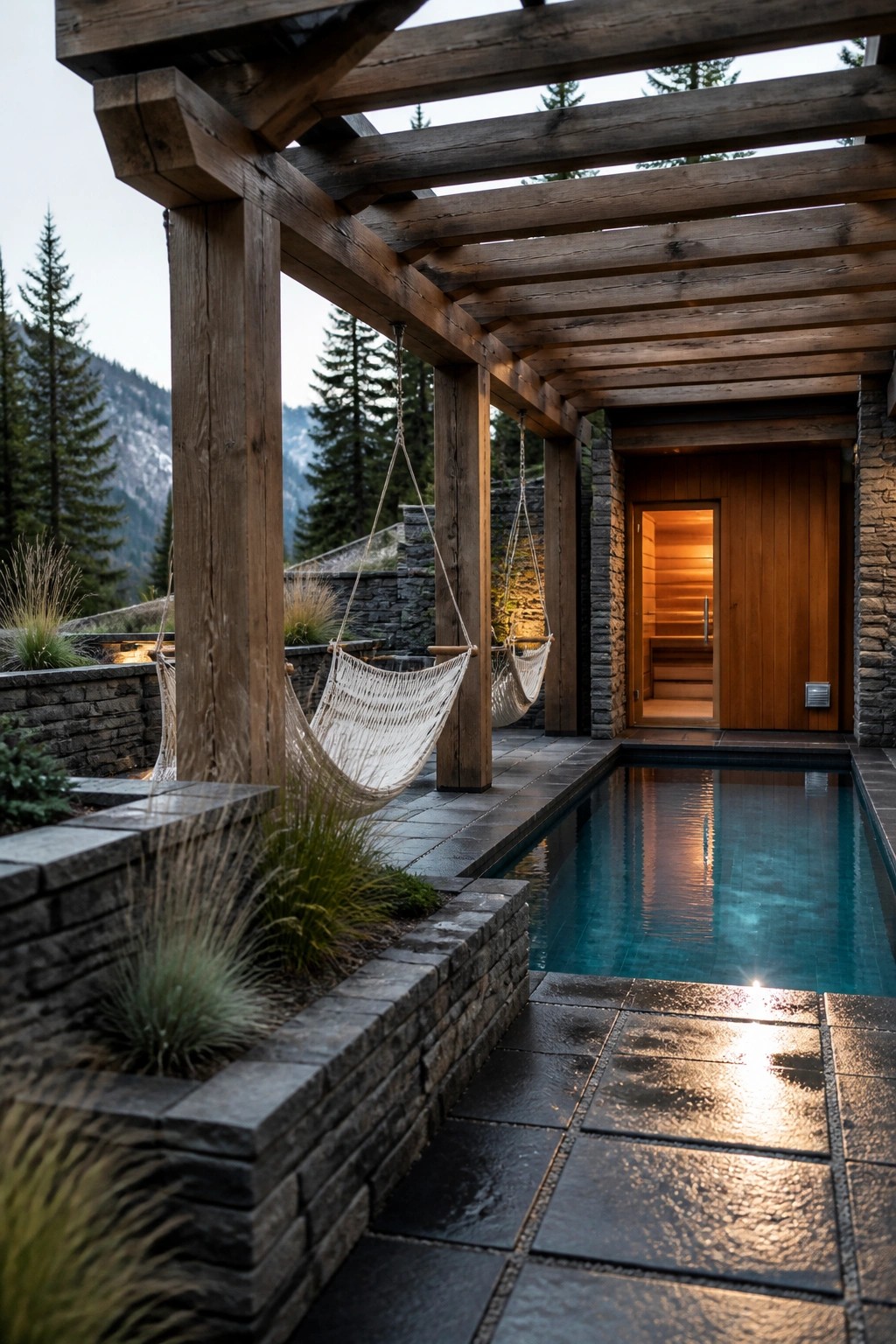 A wooden pergola spans a stone patio beside a rectangular pool, with two hanging hammocks and a lit sauna door visible in the background.