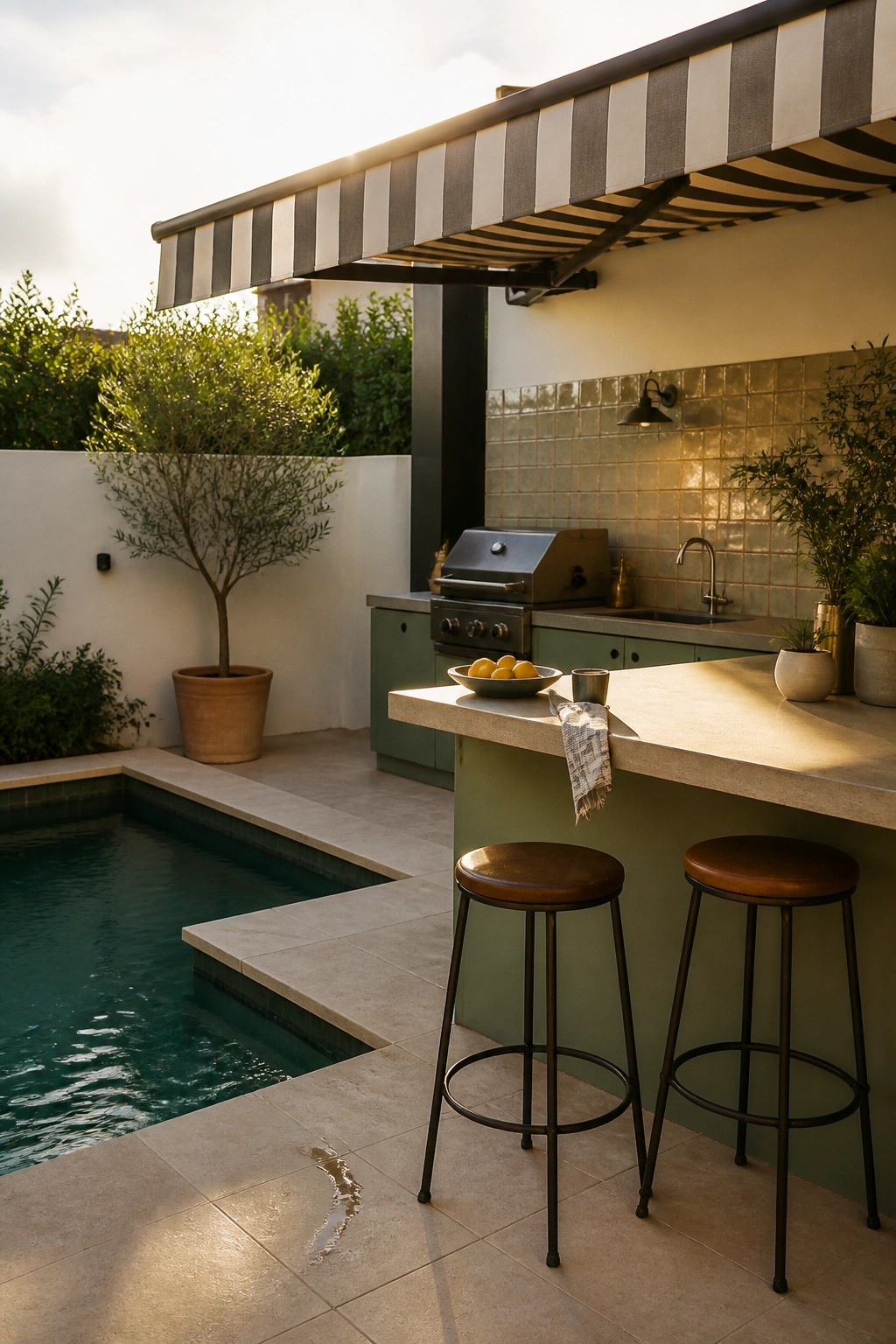 16 Affordable Small Pool Ideas on a Budget That Still Look Luxurious An outdoor pool area with a green kitchen counter, two brown bar stools, a grill, sink, and striped awning.