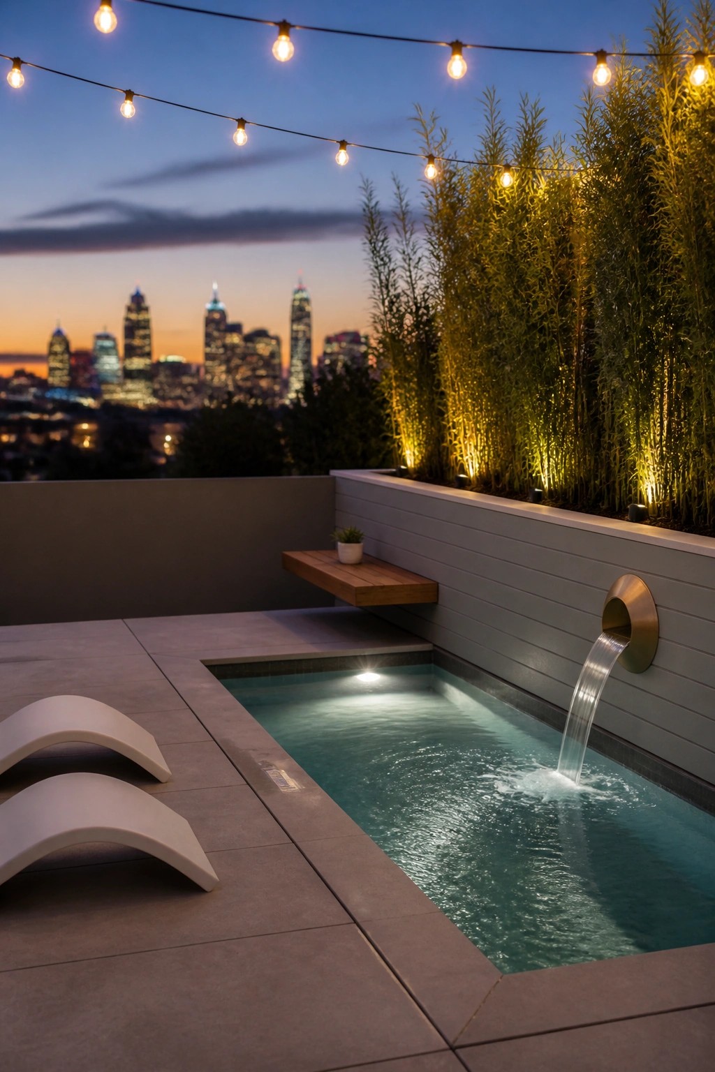 16 Affordable Small Pool Ideas on a Budget That Still Look Luxurious Rooftop plunge pool with cascading water, white chairs, bamboo plants, and glowing city skyline at dusk