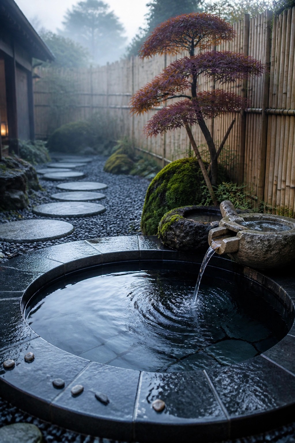16 Affordable Small Pool Ideas on a Budget That Still Look Luxurious A small circular pool with dark stone edging receives water from a mossy stone spout set among rocks, stepping stones, and trees in a fenced garden.