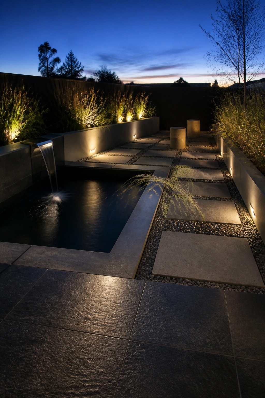 16 Affordable Small Pool Ideas on a Budget That Still Look Luxurious A small rectangular pool with a waterfall at dusk, surrounded by stone pavers, gravel paths, and low lighting along the edges.