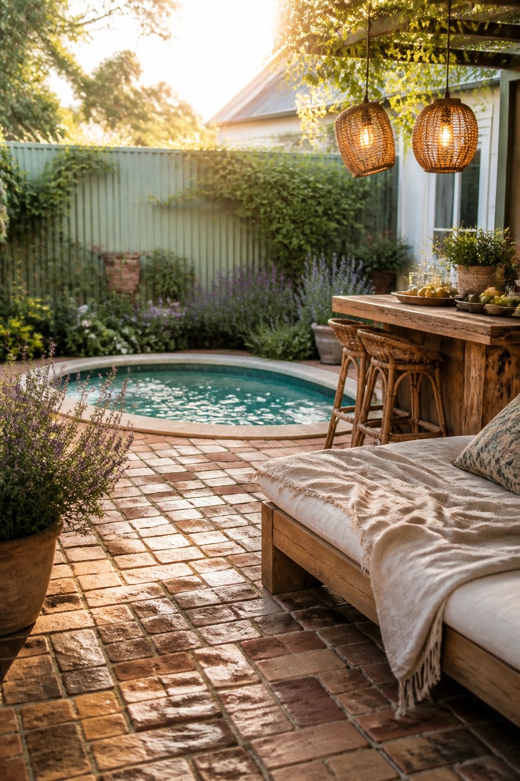 16 Affordable Small Pool Ideas on a Budget That Still Look Luxurious A small round pool set in a brick patio with a wooden bar, stools, and lounge area surrounded by garden plants.