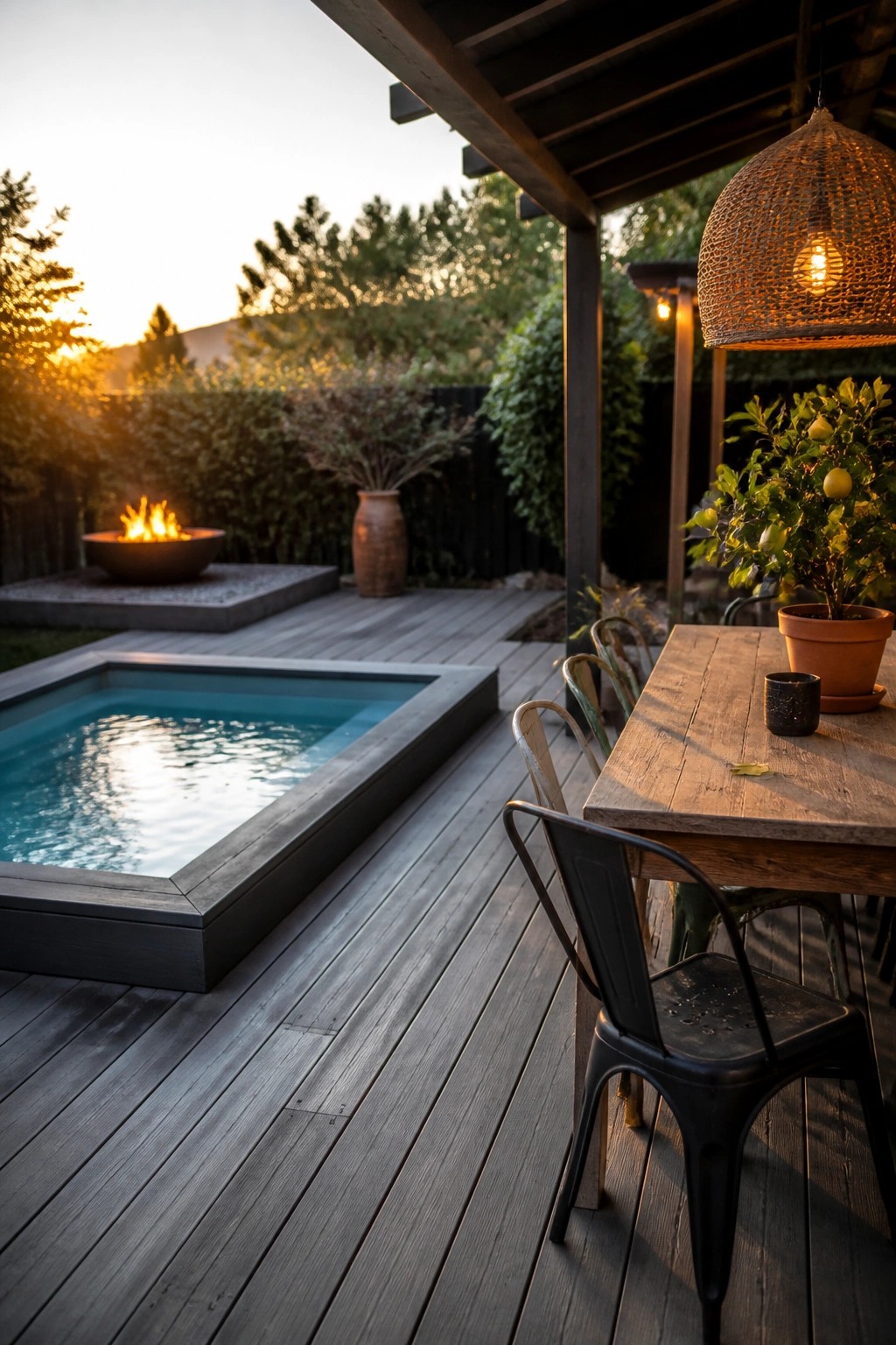 16 Affordable Small Pool Ideas on a Budget That Still Look Luxurious A rectangular pool built into a dark wooden deck beside an outdoor dining table, with a fire pit and potted plants in the background at sunset.