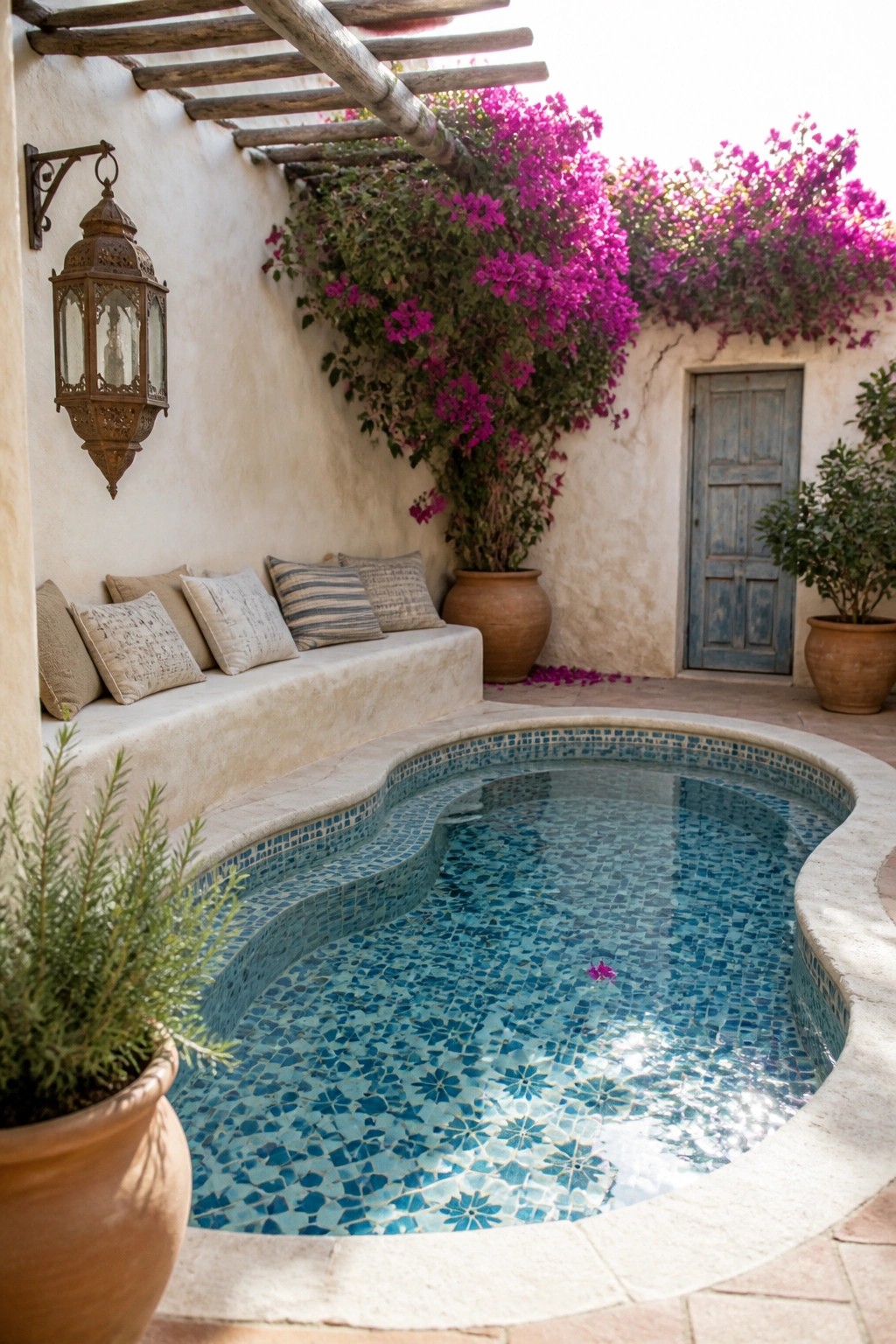 16 Affordable Small Pool Ideas on a Budget That Still Look Luxurious A small curved pool with blue mosaic tiles sits beside a built-in bench with cushions, a hanging lantern on the wall, and large pots with magenta flowers in a courtyard setting.
