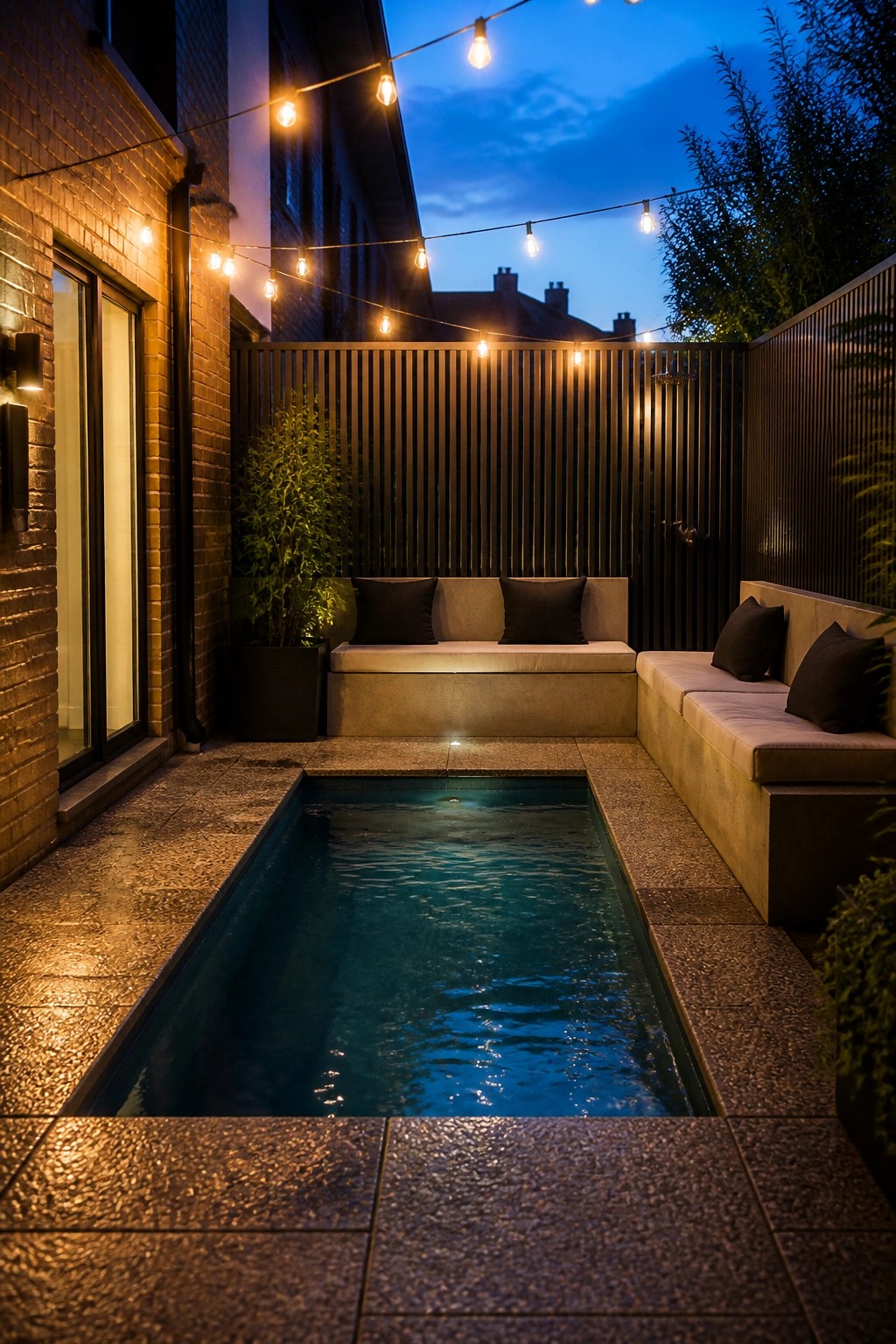 16 Affordable Small Pool Ideas on a Budget That Still Look Luxurious A narrow rectangular pool with built-in concrete benches holding dark cushions, string lights strung above, and a brick building on the left at dusk.