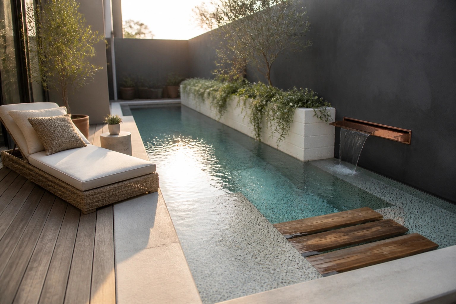 A narrow pool with wooden decking and steps along one side and a wall-mounted water feature on the far end.
