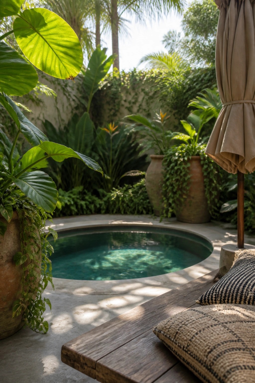 16 Affordable Small Pool Ideas on a Budget That Still Look Luxurious A small round pool in a courtyard surrounded by large terracotta pots filled with tropical plants, with a wooden bench and striped pillows in the foreground.