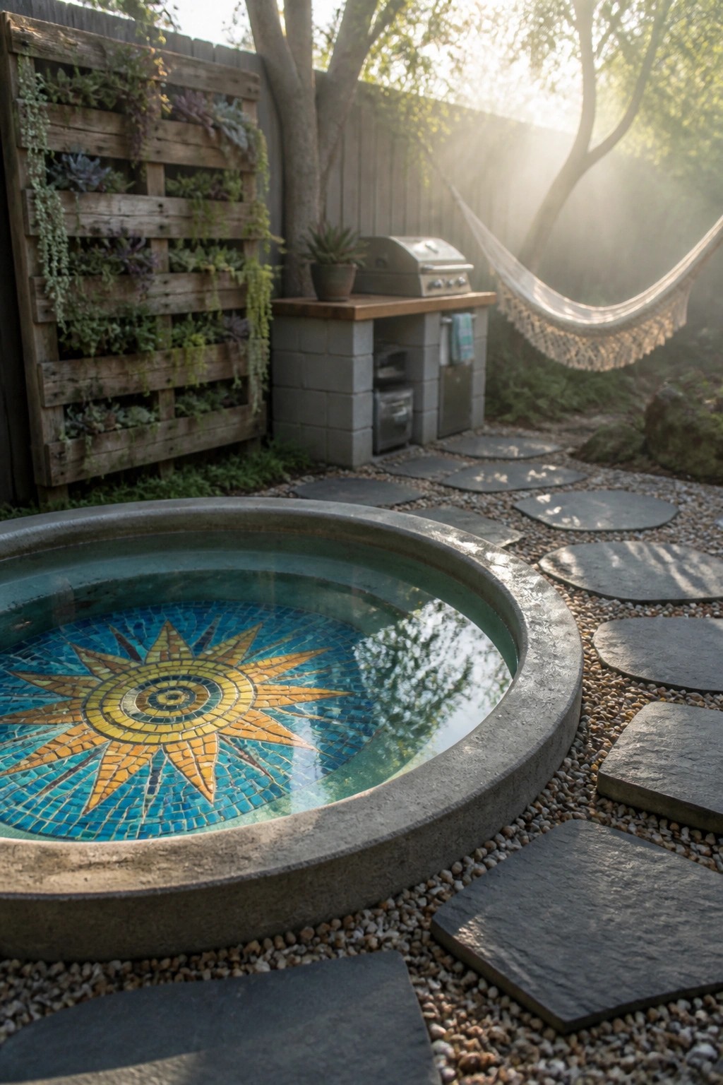 16 Affordable Small Pool Ideas on a Budget That Still Look Luxurious A round concrete pool with a blue and yellow mosaic sun design at the bottom, surrounded by gravel and flat stepping stones in a backyard setting.