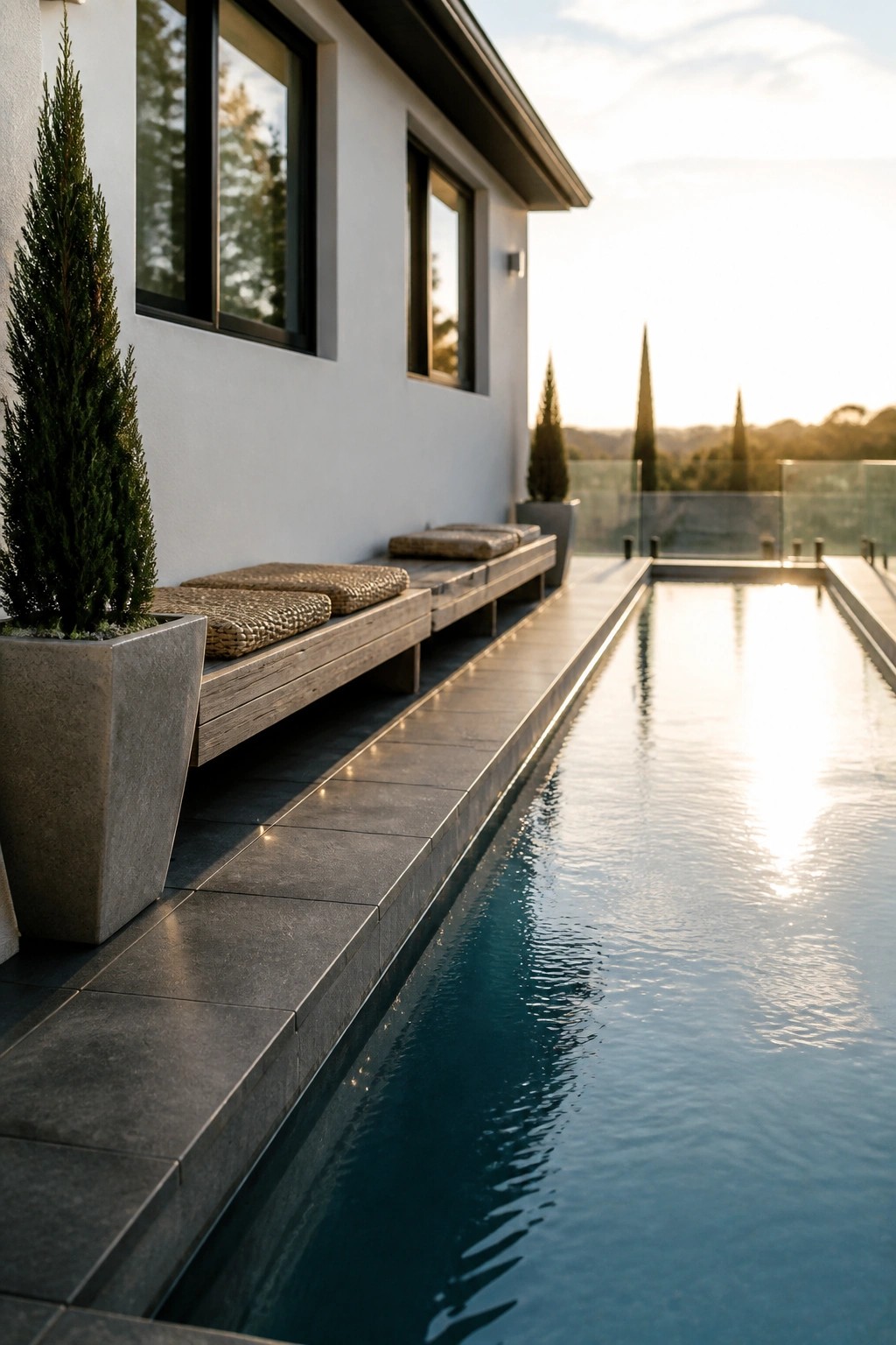 16 Affordable Small Pool Ideas on a Budget That Still Look Luxurious A narrow rectangular pool runs parallel to a modern white house with wooden benches and woven cushions on the gray tiled deck.