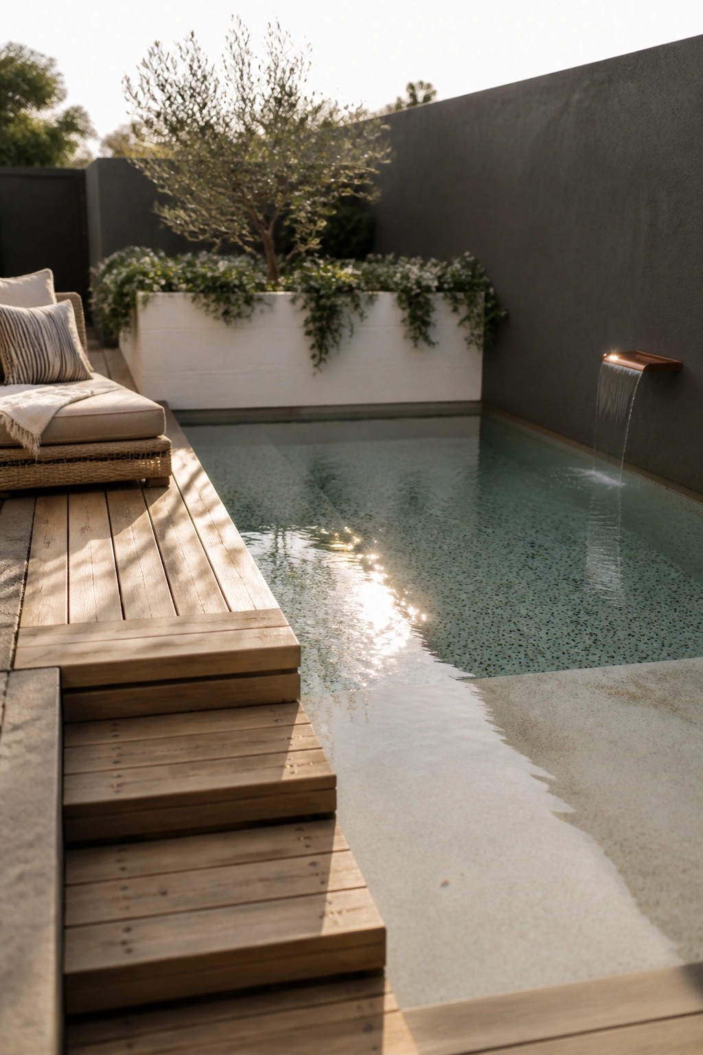 16 Affordable Small Pool Ideas on a Budget That Still Look Luxurious A narrow pool with wooden decking and steps along one side and a wall-mounted water feature on the far end.