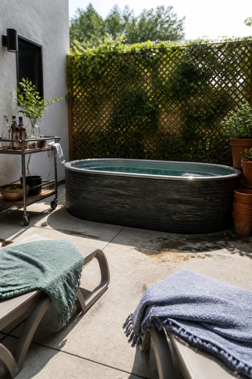 16 Affordable Small Pool Ideas on a Budget That Still Look Luxurious An oval black stock tank pool filled with water sits on a concrete patio beside two lounge chairs with towels and a rolling bar cart.