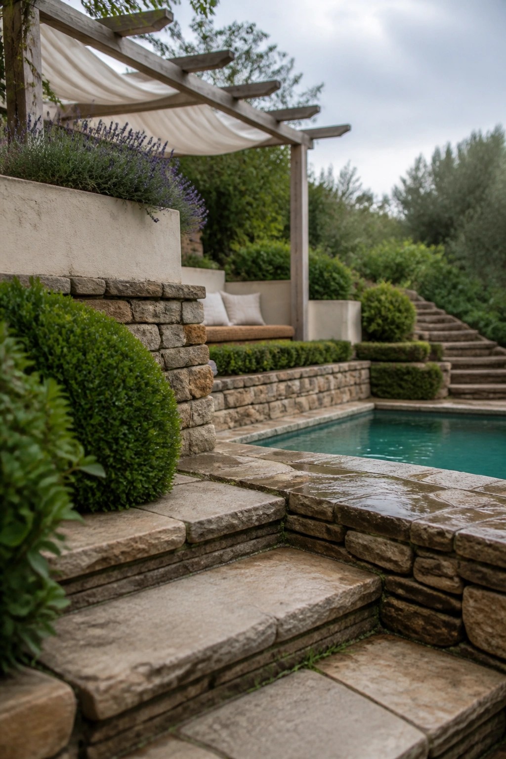 16 Affordable Small Pool Ideas on a Budget That Still Look Luxurious Stone steps lead to turquoise pool beside wooden pergola with white drapes and greenery.