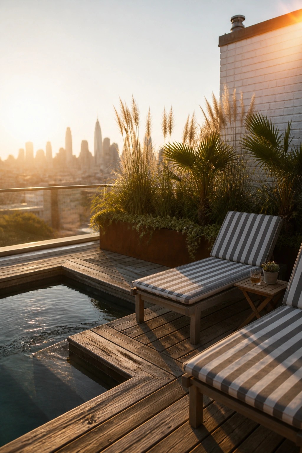 16 Affordable Small Pool Ideas on a Budget That Still Look Luxurious A small pool set into a wooden deck with two striped lounge chairs and potted plants on a rooftop terrace overlooking a city skyline.