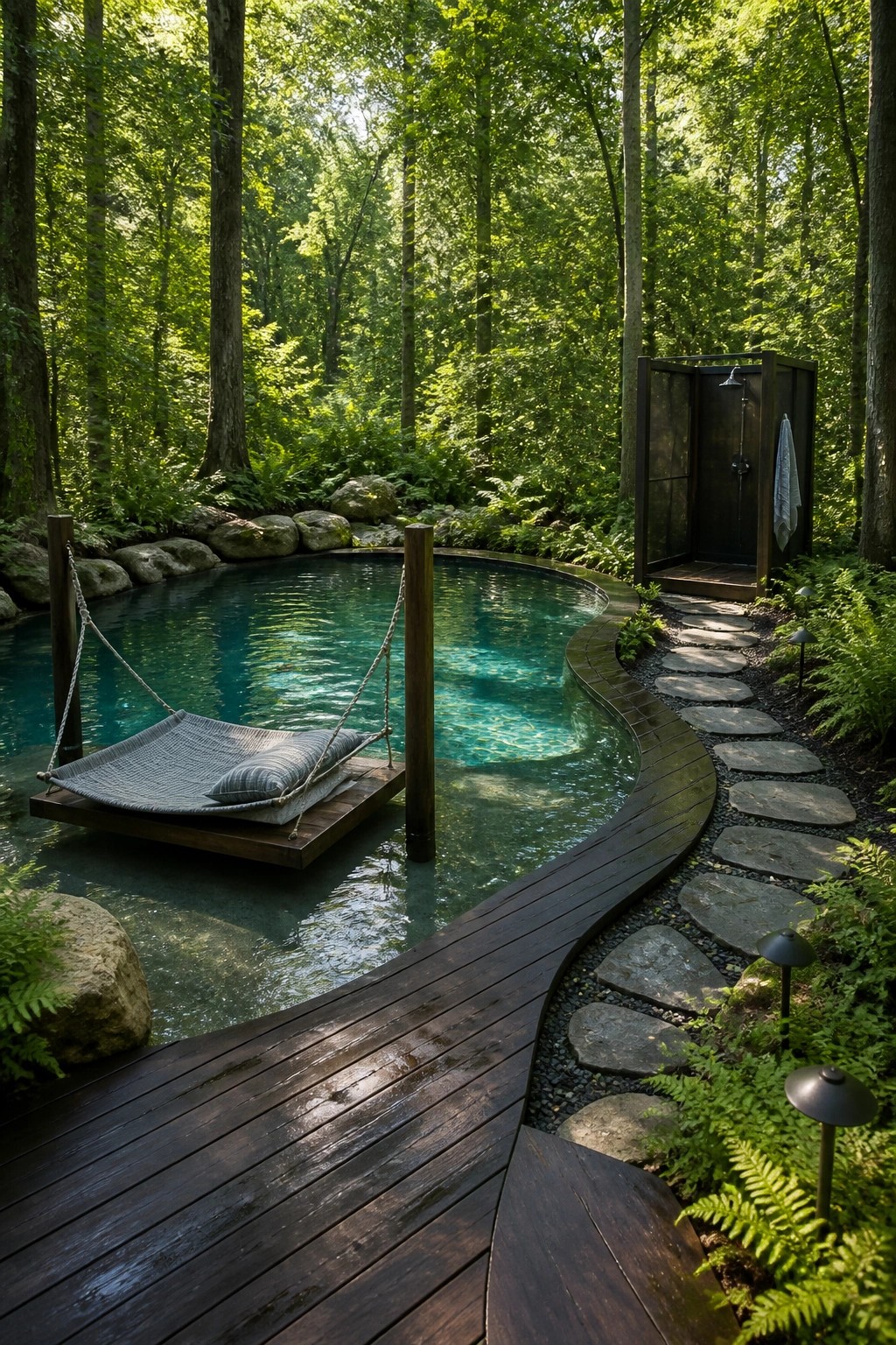 A natural pool surrounded by wooden decking and a curved stone path leading to a wooden outdoor shower enclosure in a dense forest.