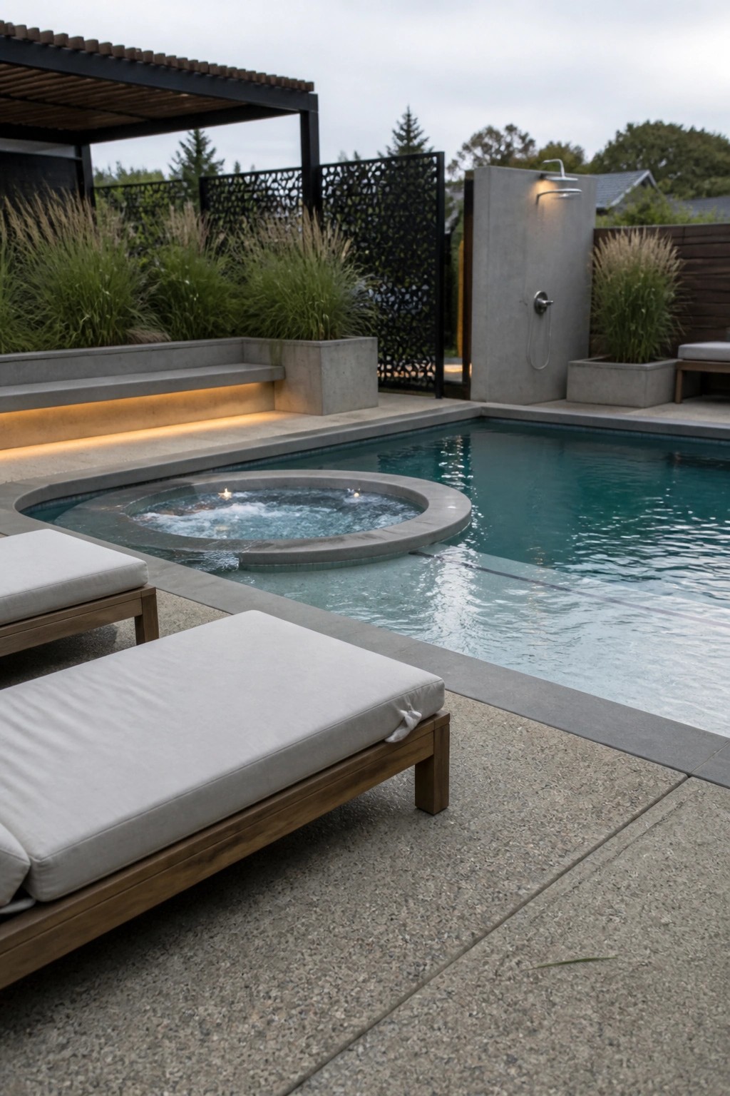 A modern backyard pool with a circular spa built into the edge, wooden lounge chairs in the foreground, and an outdoor shower on a concrete wall.