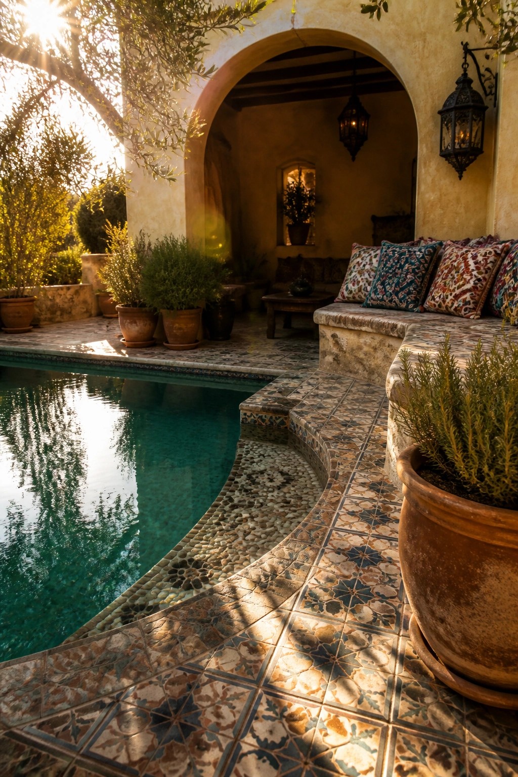 A swimming pool with curved tile edging, built-in stone bench seating with patterned cushions, potted plants, and arched architecture in the background.