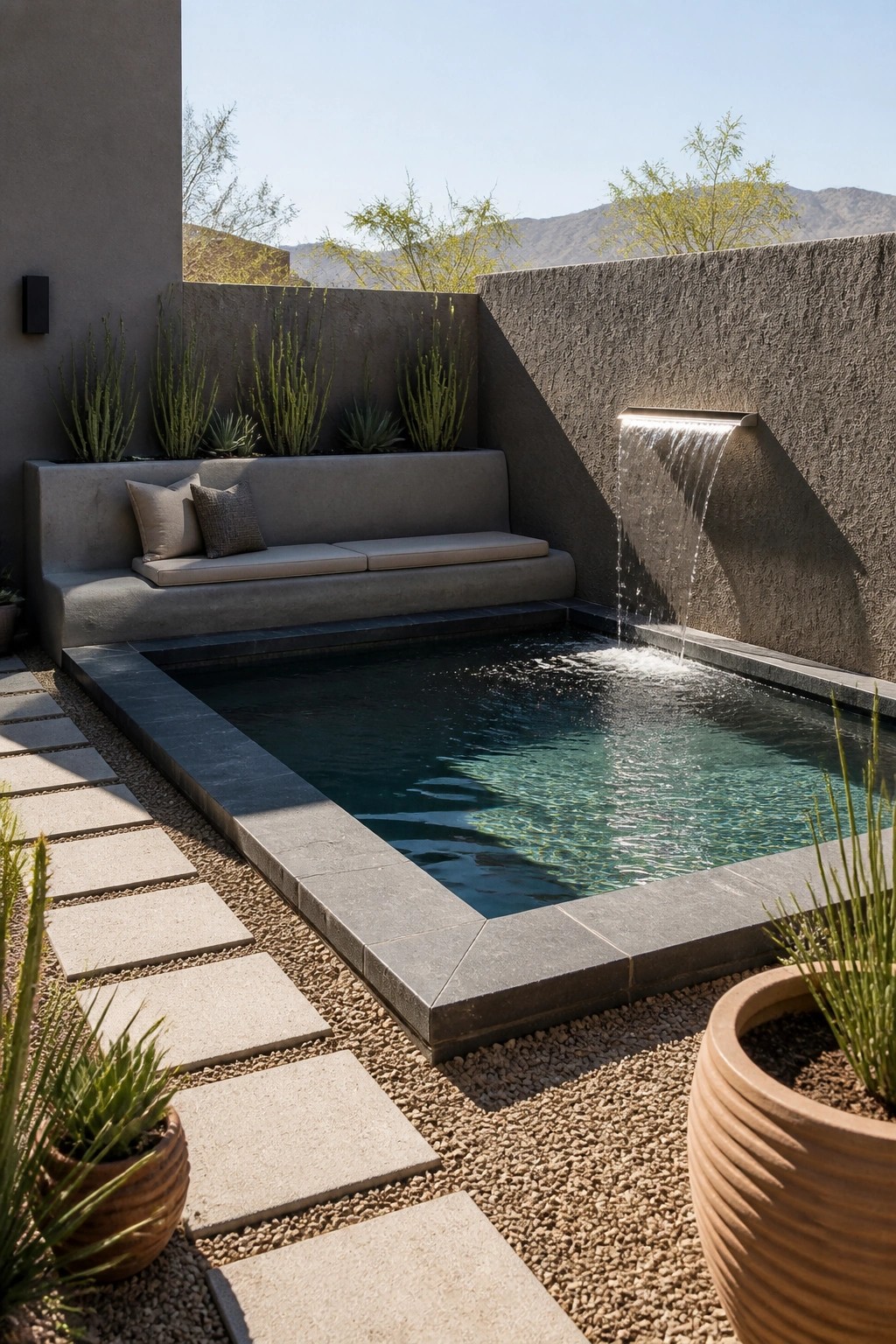 A rectangular modern pool with a long built-in concrete bench along one side, a wall-mounted water feature, and surrounding potted plants on gravel and stone paving.