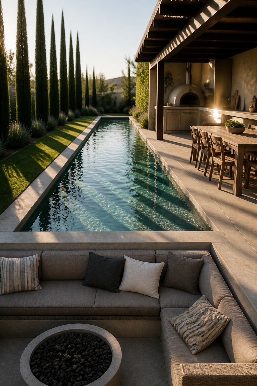 A long narrow pool with turquoise water runs alongside a covered outdoor kitchen and dining area, with tall cypress trees on the left and a large built-in sectional sofa with a round fire pit in the foreground.