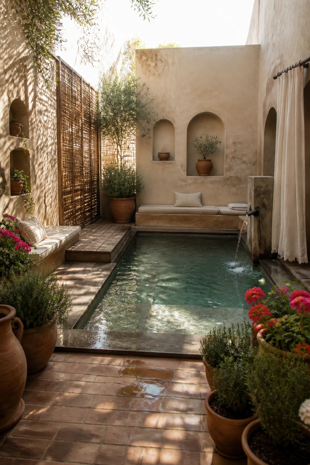 A small rectangular pool set in a walled courtyard with built-in seating, terracotta pots, and a wall-mounted fountain.