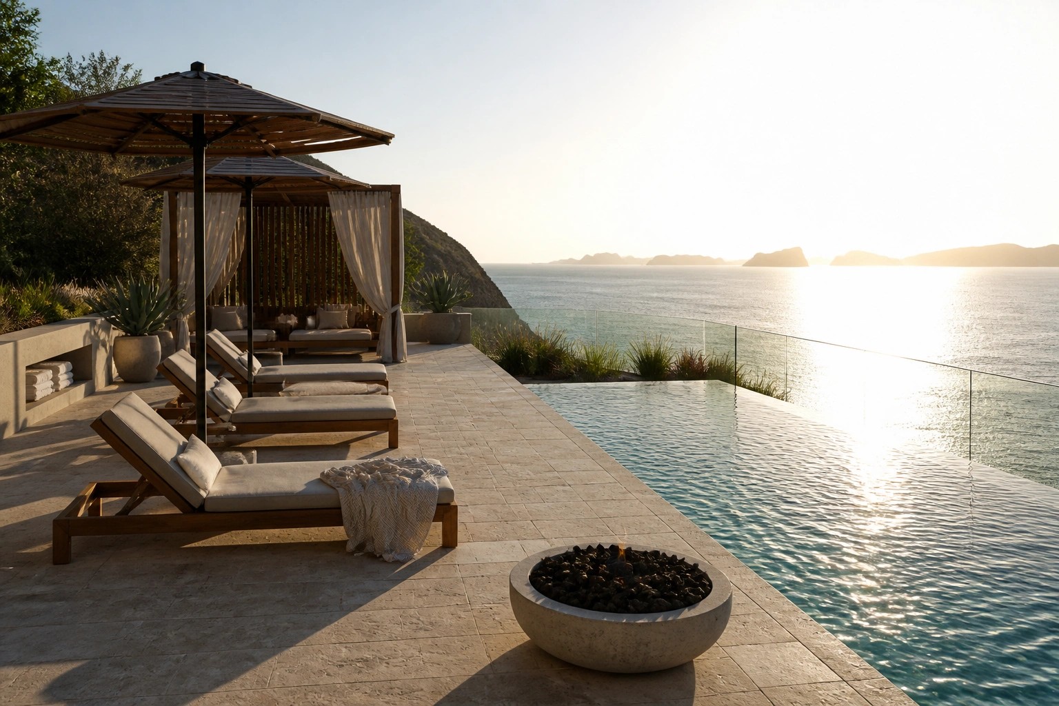 16 Beautiful Luxury Modern Pool Designs That Feel Like a Private Resort An infinity pool with wooden lounge chairs on a tiled terrace overlooking the ocean, with rolled towels in a stone niche and a fire pit area nearby.