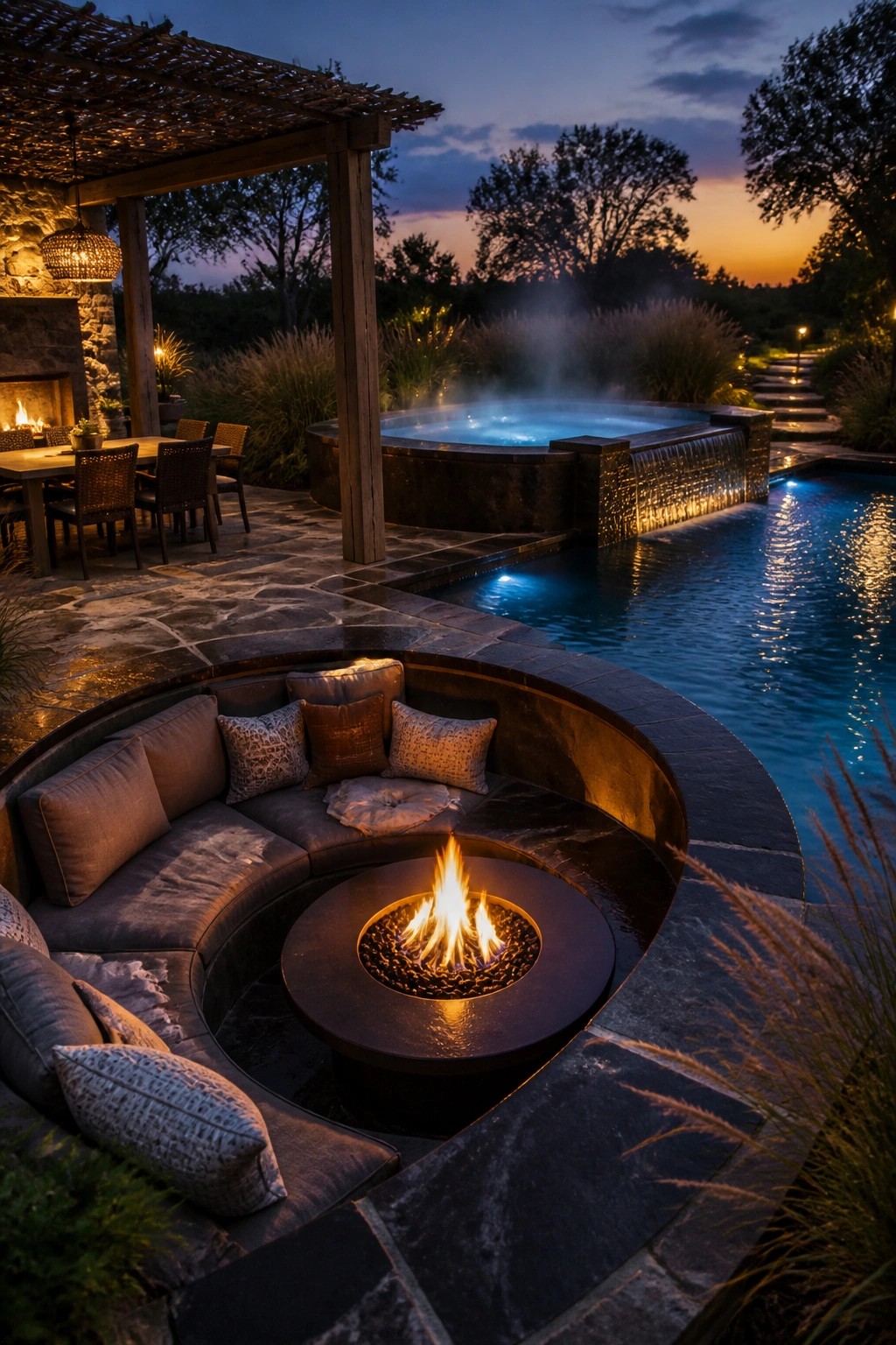 A modern backyard at dusk showing a swimming pool with attached hot tub, a circular fire pit with built-in curved seating, and a stone patio dining area under a wooden pergola.