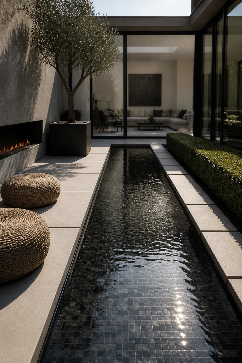 A long narrow reflecting pool with dark mosaic tiles runs along a concrete patio beside a modern house with large glass doors opening to an indoor living room.