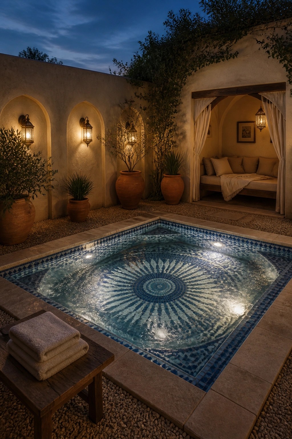 A rectangular plunge pool with a blue and white sunburst mosaic tile bottom, lit from underwater, set in a walled courtyard with arched niches, potted plants, and a nearby daybed area.